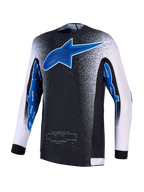 Alpinestars Supertech Hiten AFD Jersey, black and blue motocross top with white sleeves and ventilated mesh construction.