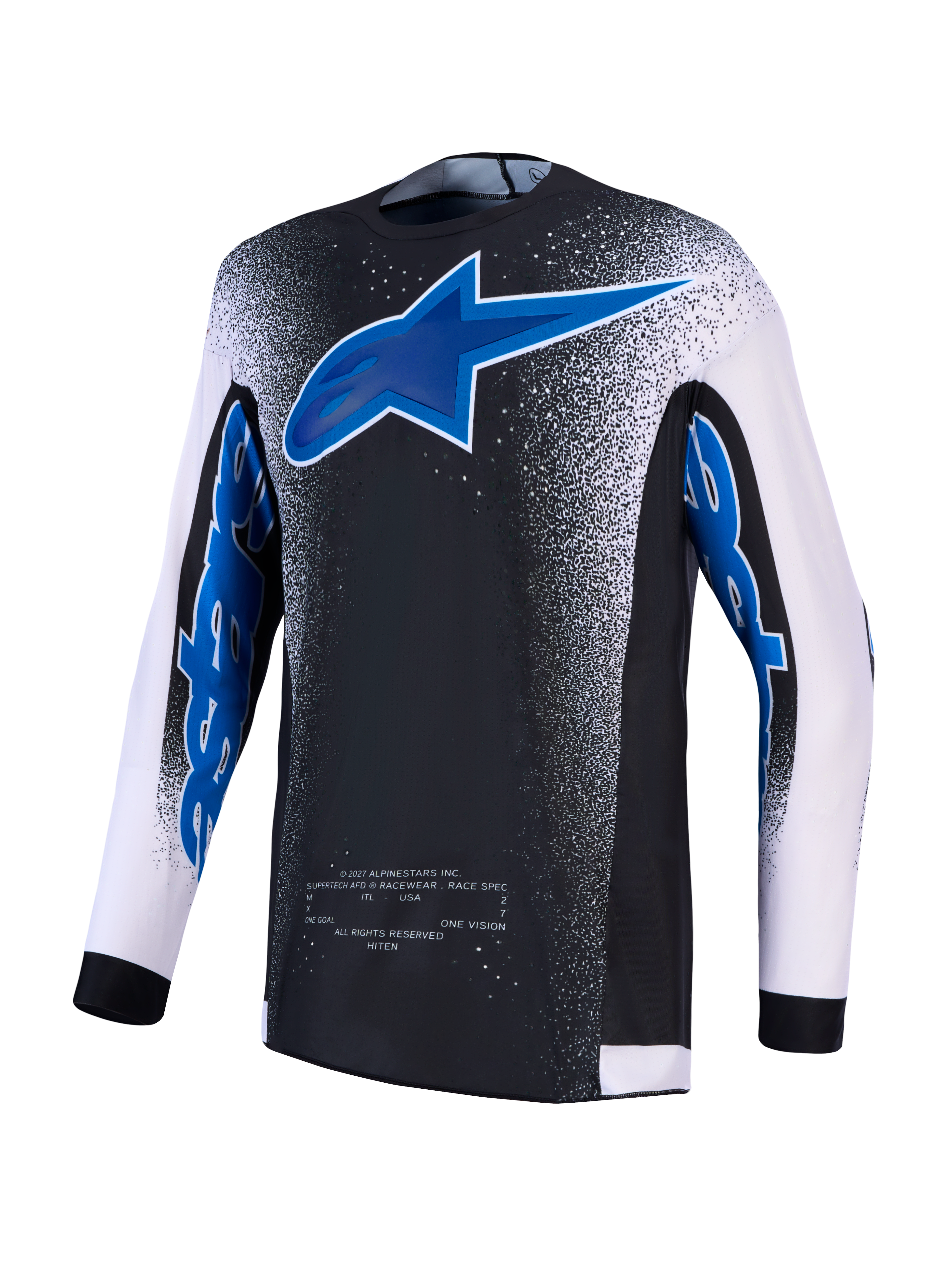 Alpinestars Supertech Hiten AFD Jersey, black and blue motocross top with white sleeves and ventilated mesh construction.