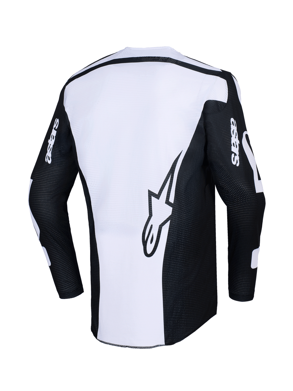 Alpinestars 2026 Racer Air Riway Jersey, motocross shirt, zwart en wit, achteraanzicht met groot sterlogo op wit paneel, zwarte mouwen met 'astars' branding, geperforeerde mesh-stof voor luchtstroom, technische off-road kleding