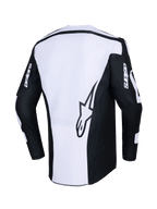 Alpinestars 2026 Racer Air Riway Jersey, motocross shirt, zwart en wit, achteraanzicht met groot sterlogo op wit paneel, zwarte mouwen met 'astars' branding, geperforeerde mesh-stof voor luchtstroom, technische off-road kleding