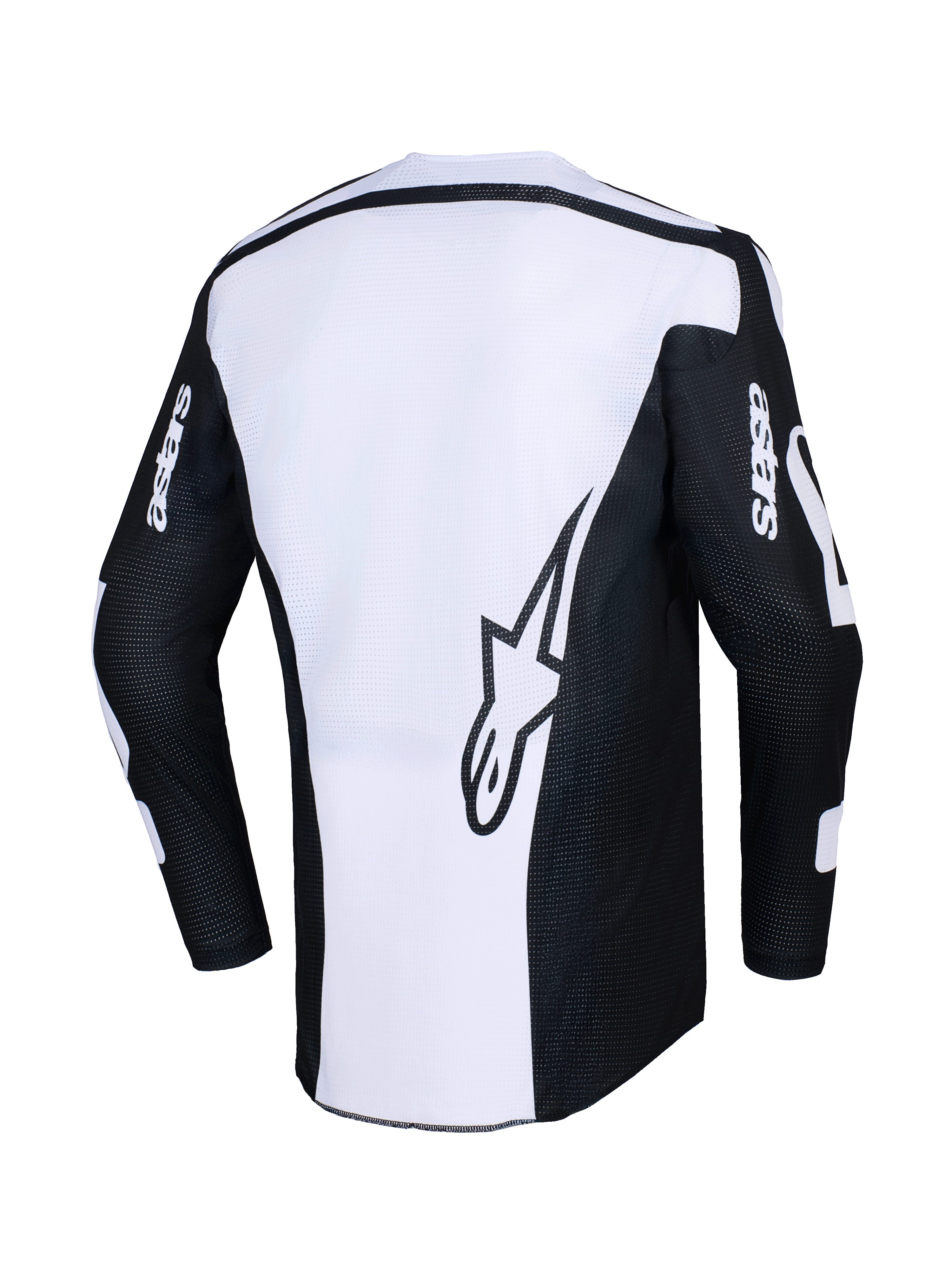 Alpinestars 2026 Racer Air Riway Jersey, motocross shirt, zwart en wit, achteraanzicht met groot sterlogo op wit paneel, zwarte mouwen met 'astars' branding, geperforeerde mesh-stof voor luchtstroom, technische off-road kleding