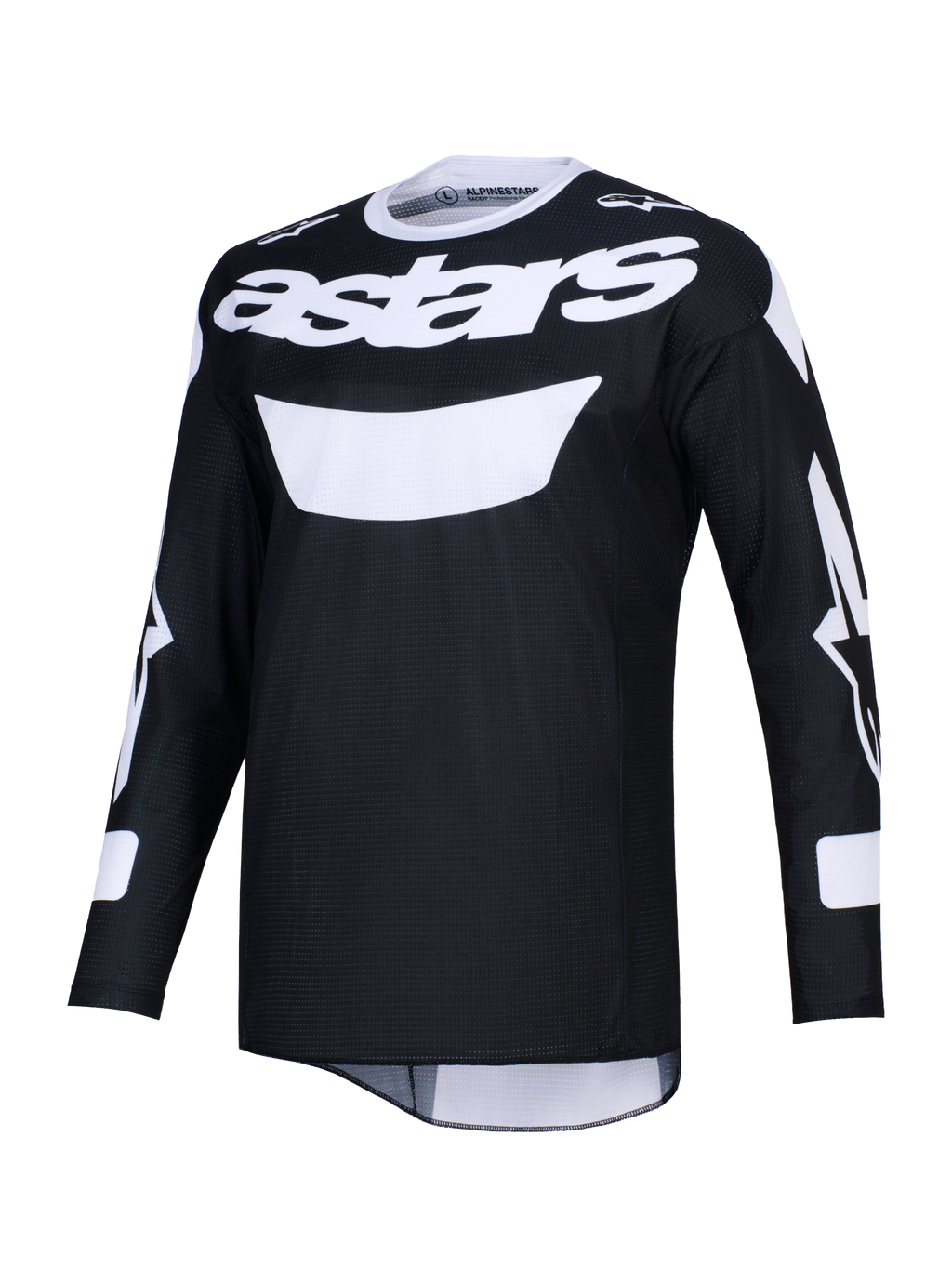 Alpinestars 2026 Racer Air Riway Jersey, zwart-wit motocross shirt, met opvallende witte astars-branding op de borst, lichtgewicht mesh-stof voor een hoge luchtstroom, lange mouwen en een atletische pasvorm voor off-road prestaties.