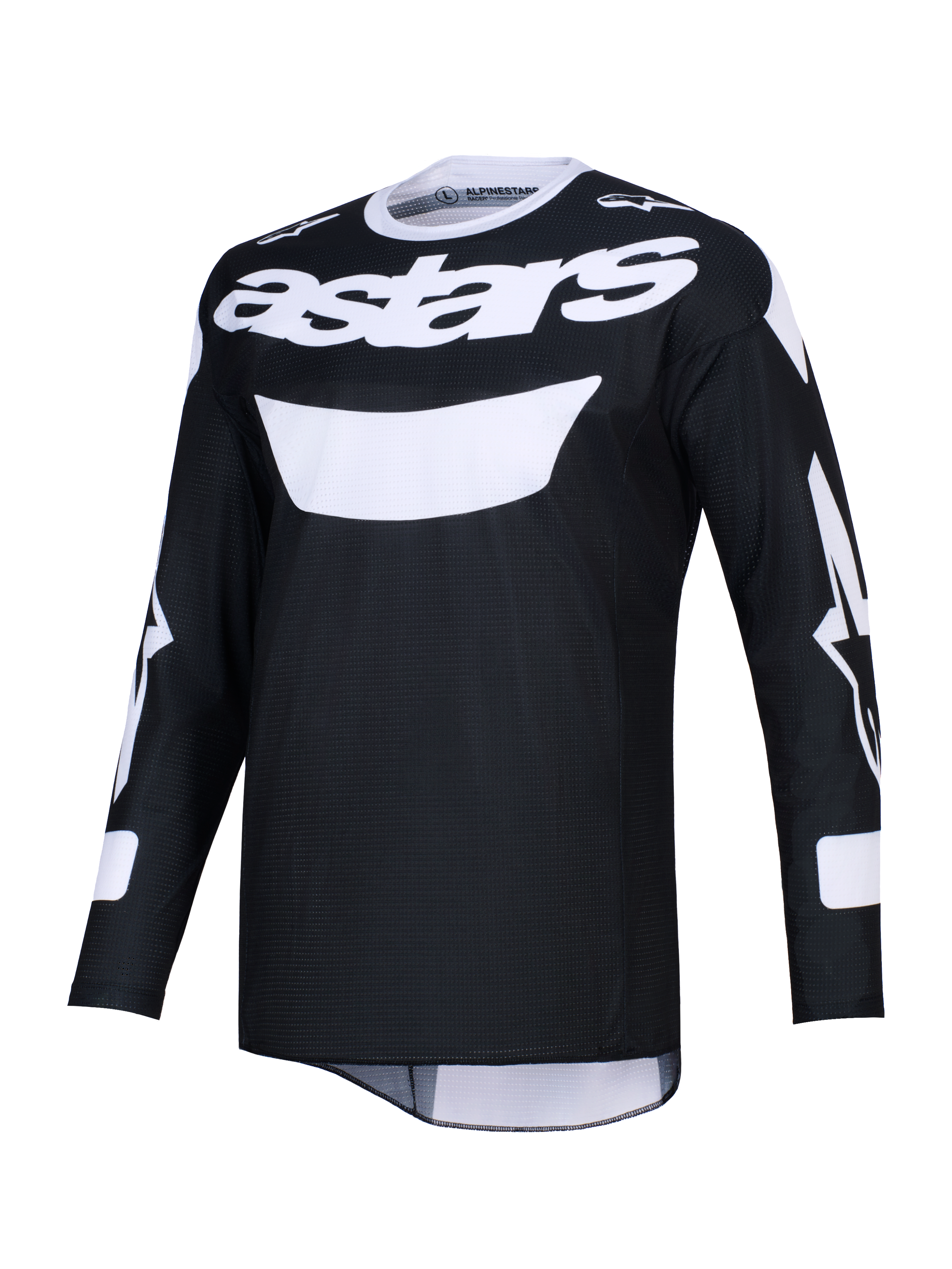 Alpinestars 2026 Racer Air Riway Jersey, zwart-wit motocross shirt, met opvallende witte astars-branding op de borst, lichtgewicht mesh-stof voor een hoge luchtstroom, lange mouwen en een atletische pasvorm voor off-road prestaties.