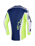Alpinestars 2026 Racer Air Riway Jersey, Motocross Jersey, Light Gray Yellow Fluo and Blue, back view featuring a navy blue central panel with a yellow star logo, bright yellow fluo sides, and light gray sleeves for off-road performance.