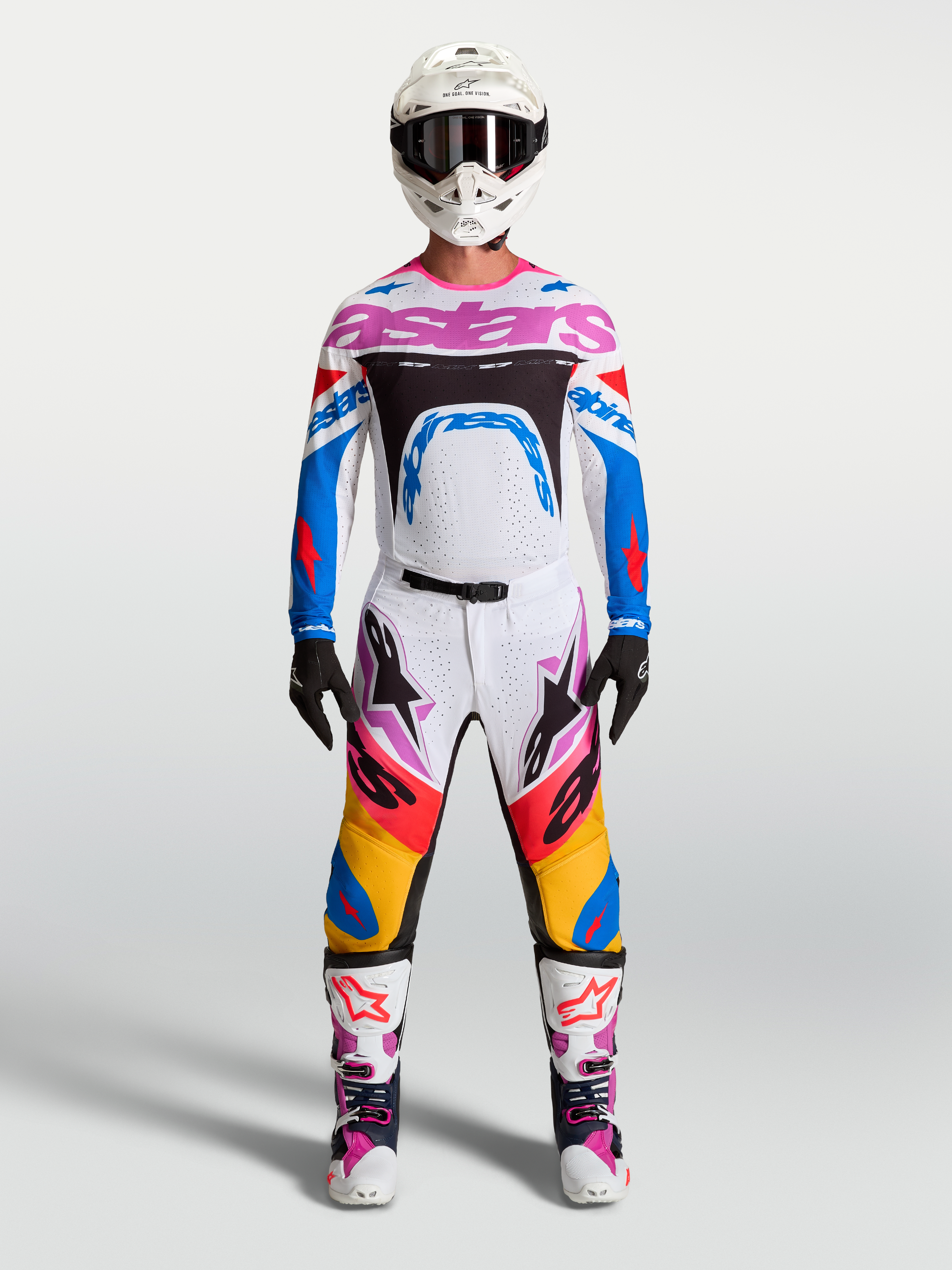 Alpinestars Supertech Dyna Gear Set and Jersey, men's white and blue motocross racing outfit with purple accents.