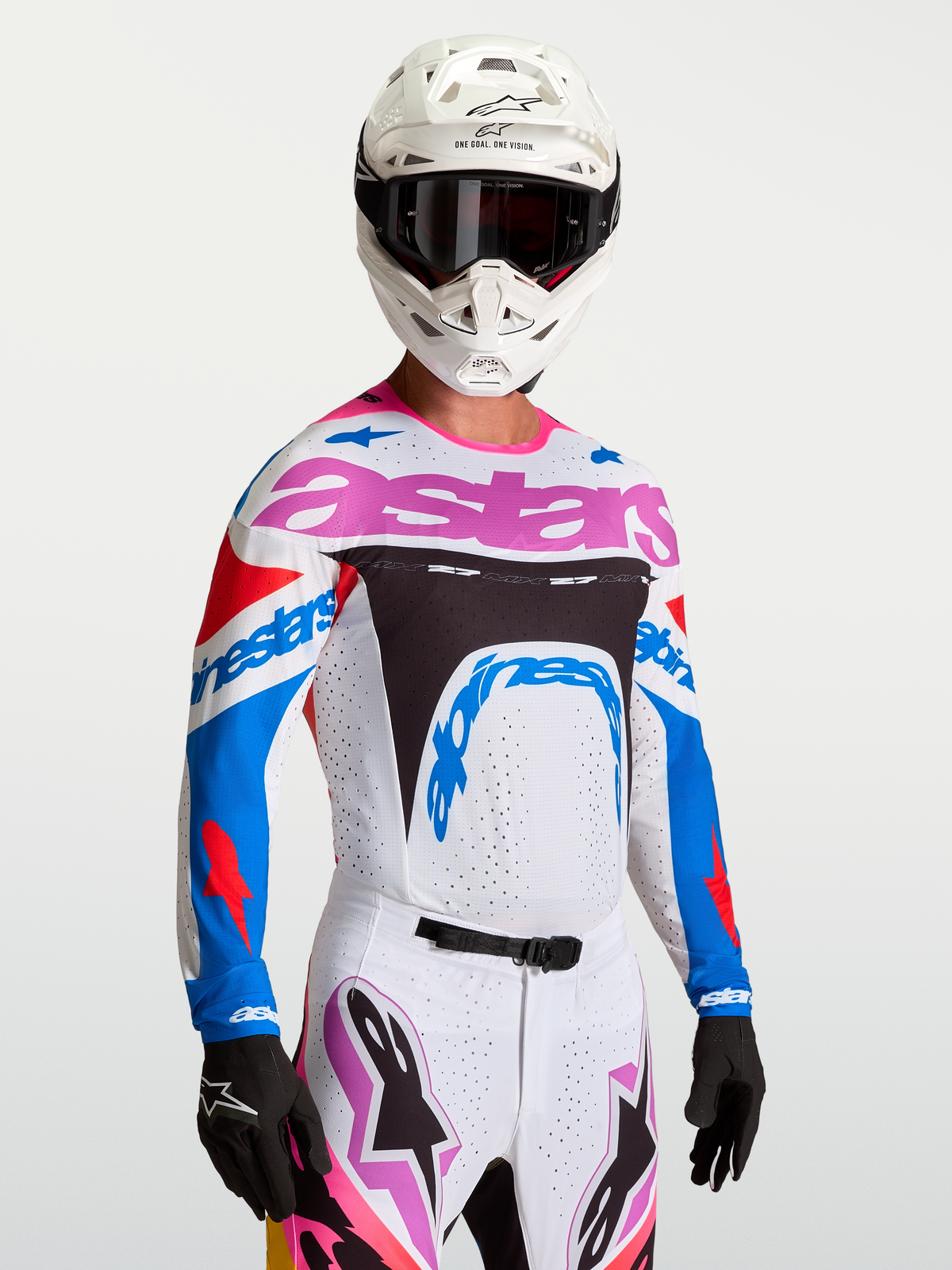Alpinestars Supertech Dyna Jersey, pro-level heren motorcrossjersey in wit en blauw met paarse accenten en stretch mesh.