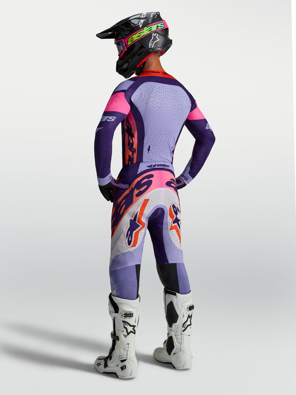 Alpinestars Supertech Dyna Jersey, heren-motorcrossjersey, paars en roze, geventileerd stretchmesh, achteraanzicht.