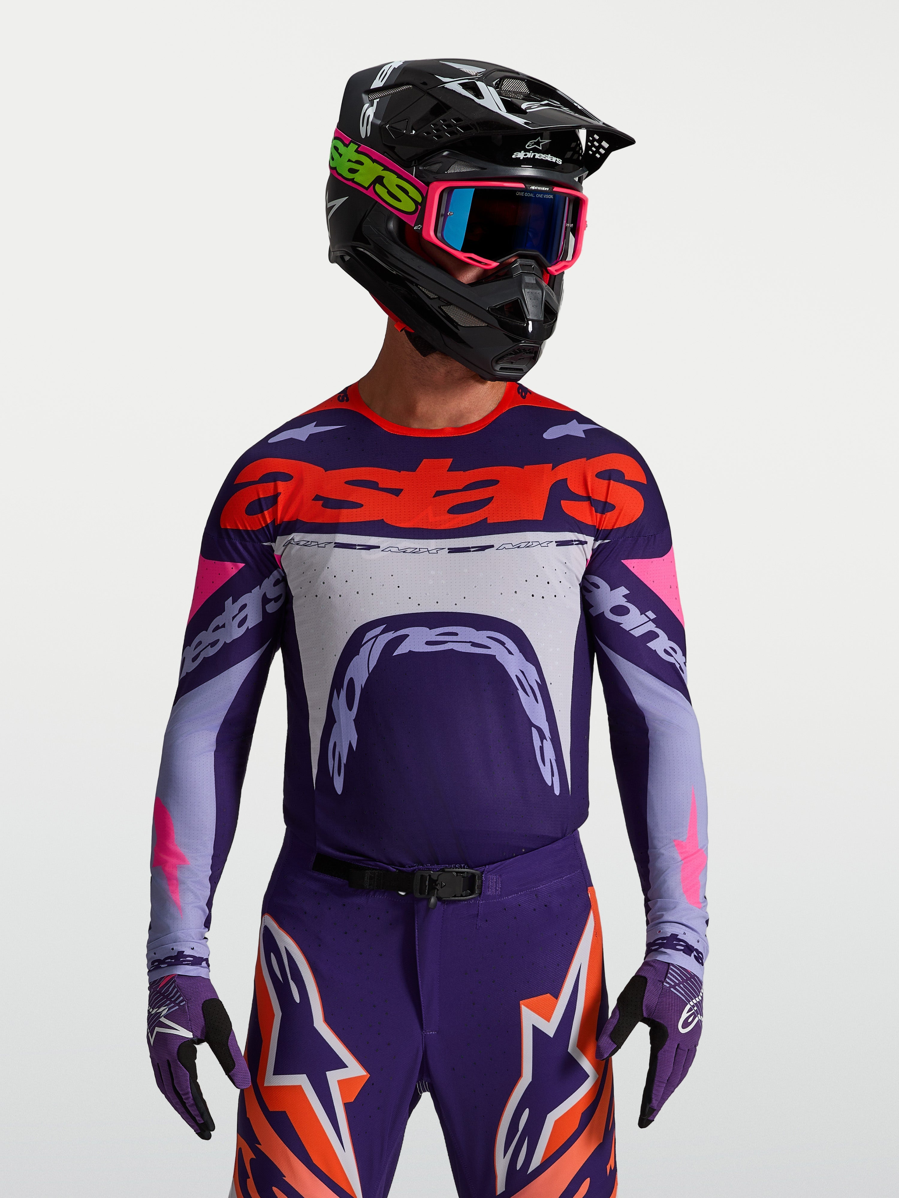 Alpinestars Supertech Dyna jersey, heren-motorcrossjersey, paars en roze fluo, atletische racepasvorm met meshconstructie.