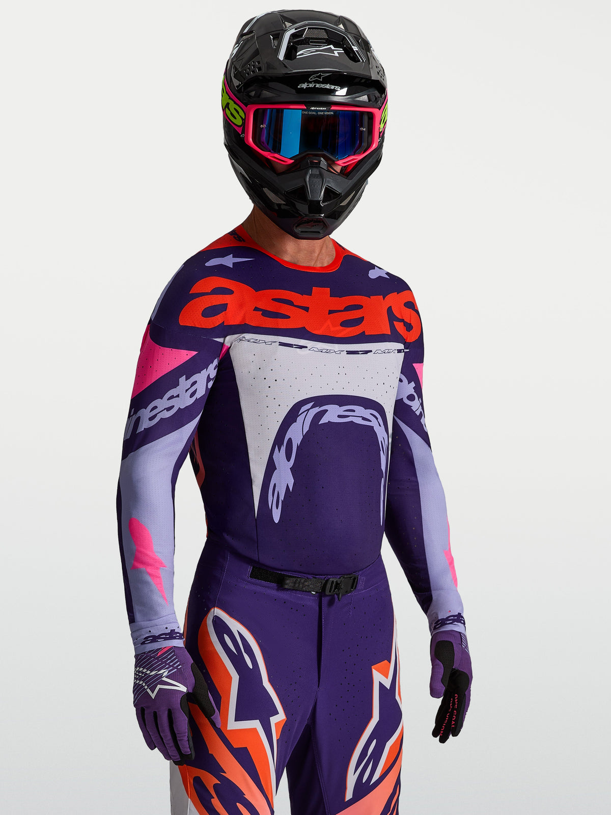 Alpinestars Supertech Dyna Jersey, heren motorcrossjersey, lichtviolet en dieppaars met roze fluo, atletische stretchmesh.