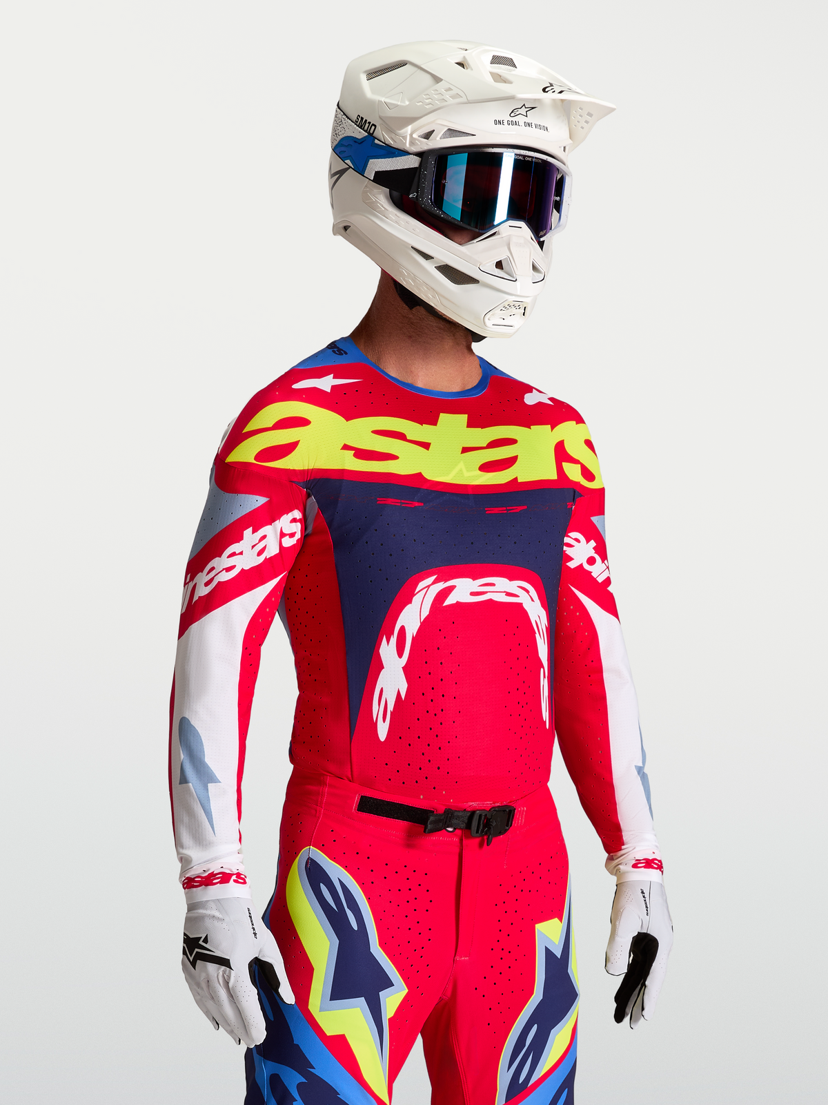 Alpinestars Supertech Dyna jersey, heren motorcrossjersey, vuurrood en blauw met geventileerde stretchmesh panelen.