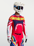 Alpinestars Supertech Dyna jersey, heren motorcrossjersey, vuurrood en blauw met geventileerde stretchmesh panelen.