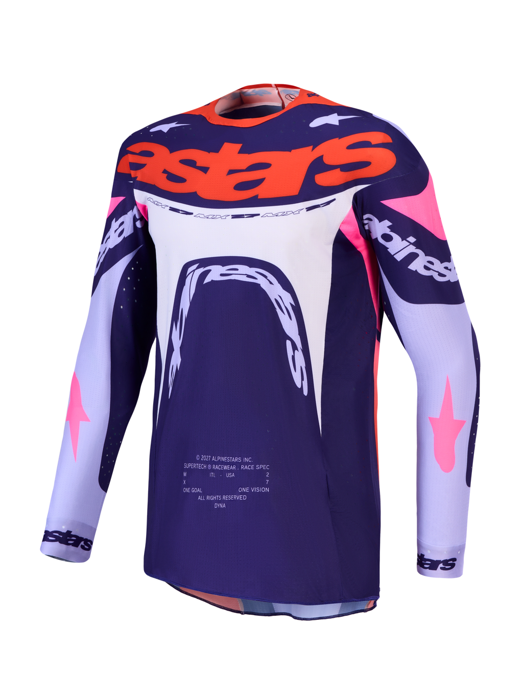 Alpinestars Supertech Dyna Jersey, paars en roze fluo motocrossjersey met geventileerd stretchmesh en atletische pasvorm.