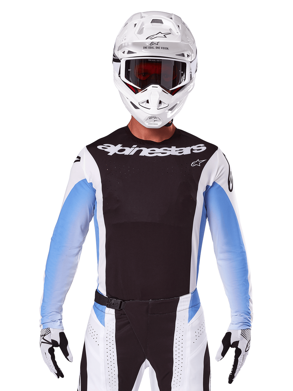 Alpinestars 2025 Techstar Melt Jersey, motorcross racekleding, zwart, wit en blauw, jersey met lange mouwen met bijpassende broek en handschoenen, rijder draagt volledige MX-outfit met witte helm en crossbril