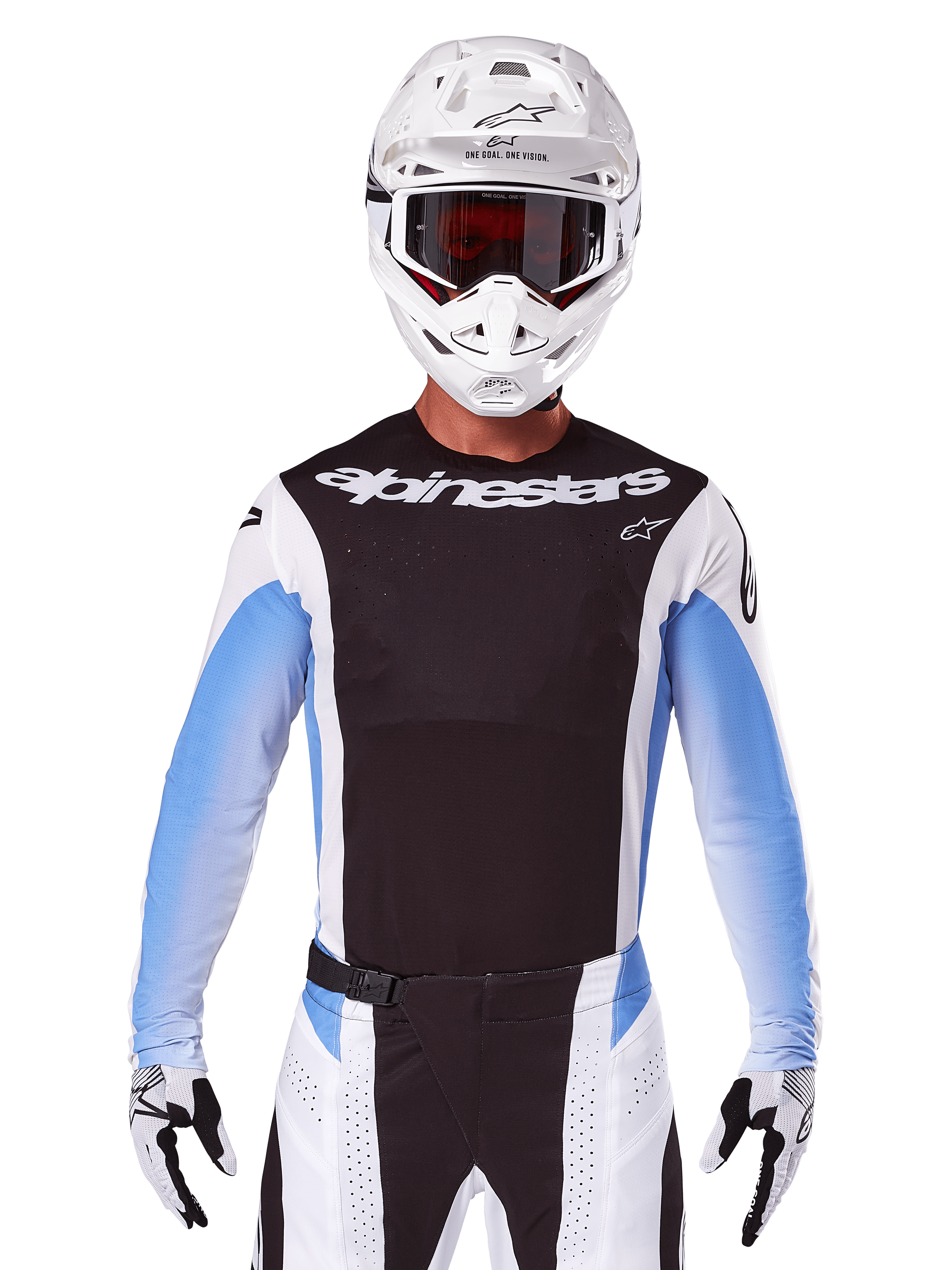 Alpinestars 2025 Techstar Melt Jersey, motorcross racekleding, zwart, wit en blauw, jersey met lange mouwen met bijpassende broek en handschoenen, rijder draagt volledige MX-outfit met witte helm en crossbril
