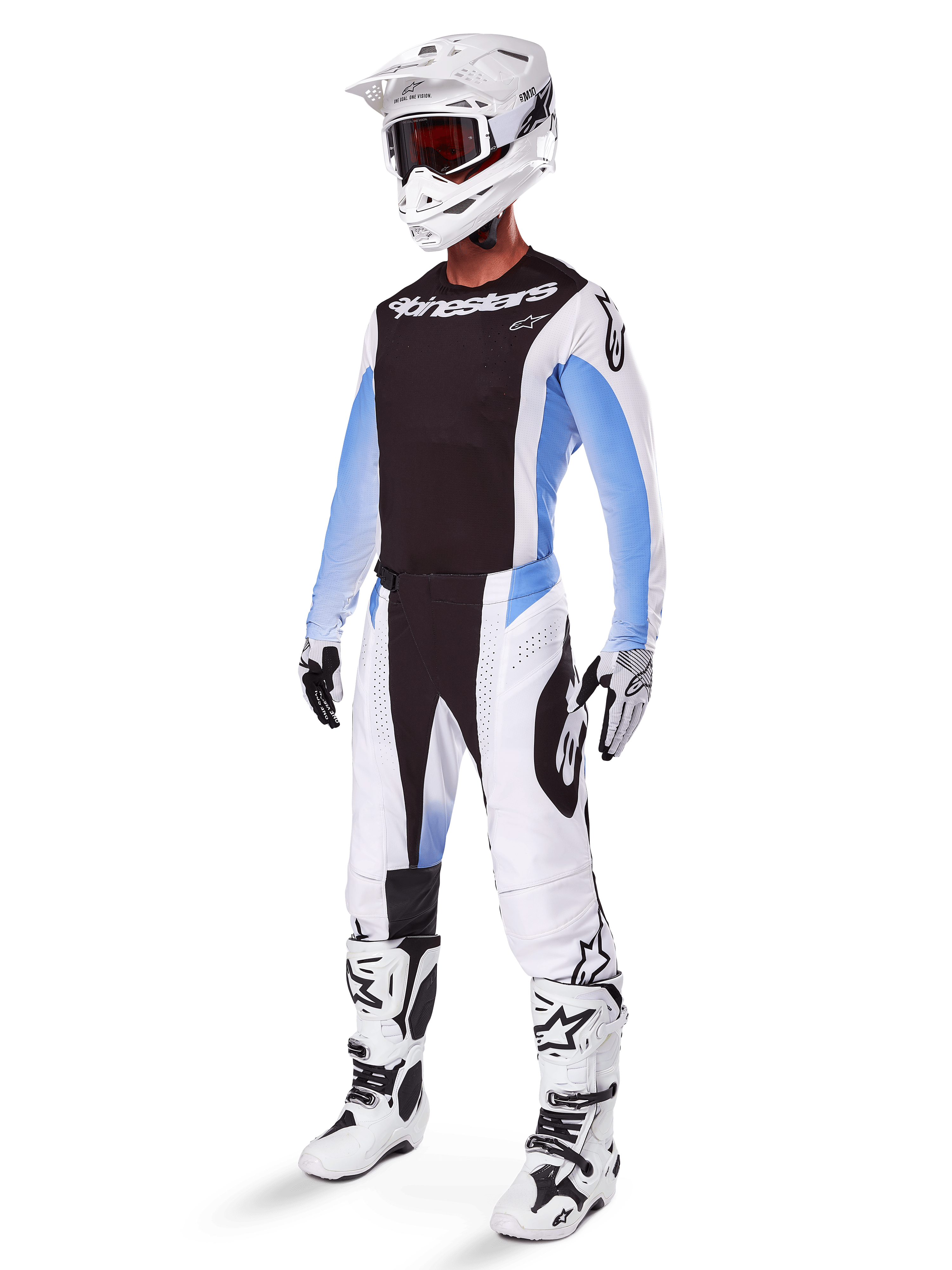 Alpinestars 2025 Techstar Melt-kledingset, complete motorcross outfit, zwarte jersey met witte en blauwe mouwen, witte broek met zwarte en blauwe accenten, witte helm, zwart-witte handschoenen, witte laarzen met zwarte details, volledige MX-beschermingsset