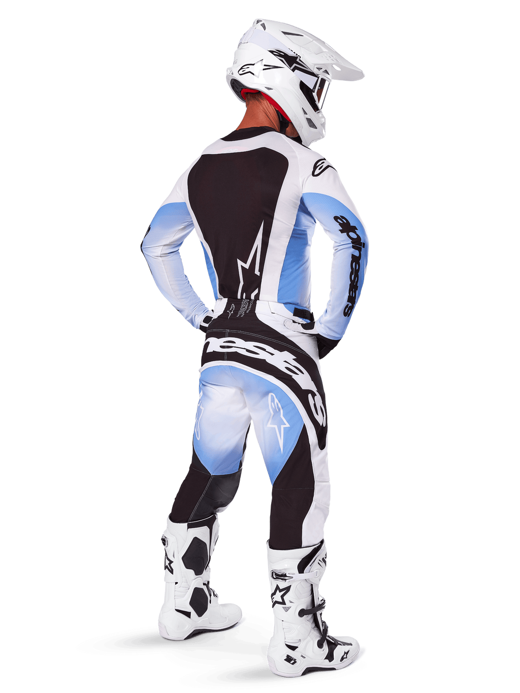 Alpinestars 2025 Techstar Melt Gear Set, complete motorcross outfit, wit en lichtblauw jersey met zwart rugpaneel, bijpassende broek met blauw kleurverloop en zwarte accenten, witte helm en wit-zwarte laarzen, professionele uitrusting voor off-road
