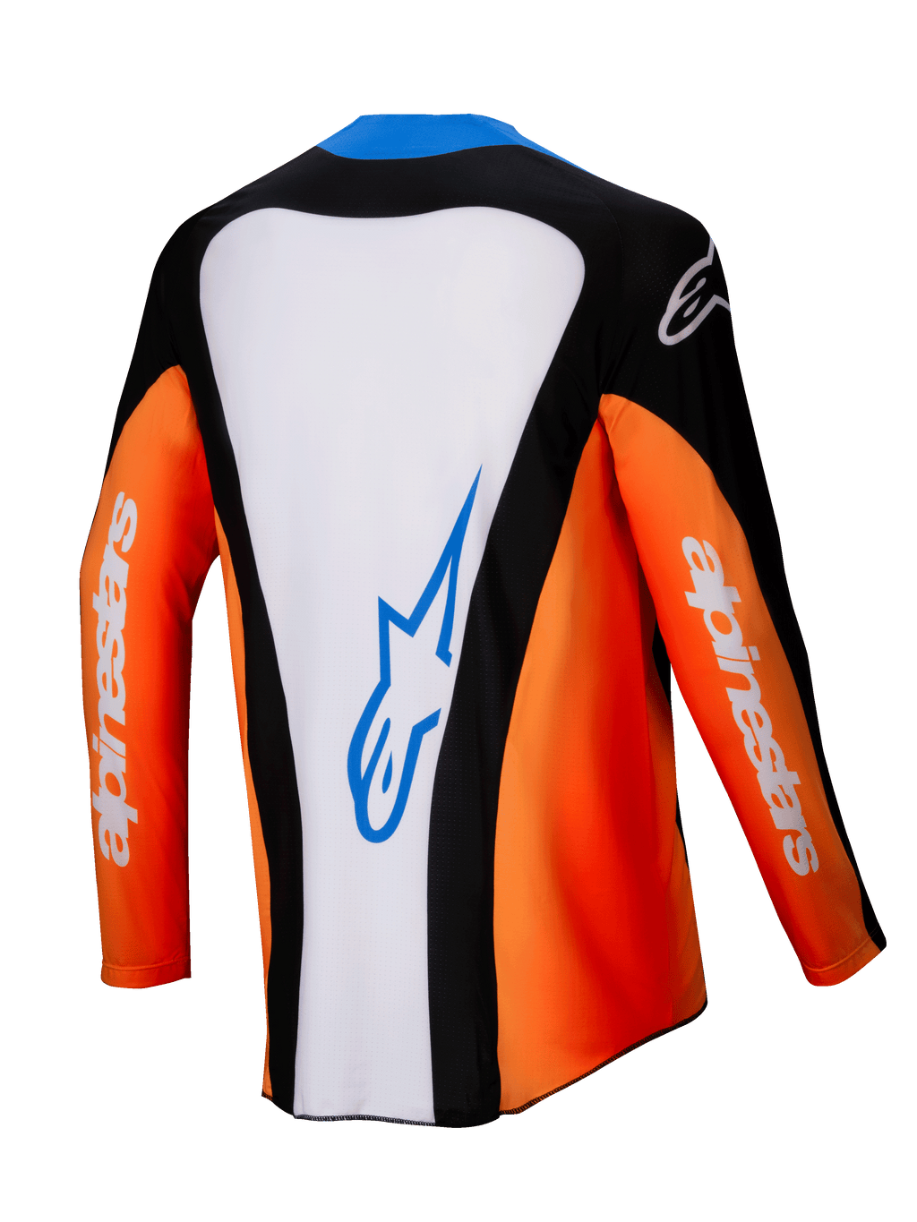 Alpinestars 2025 Techstar Melt Jersey, motorcross shirt, achteraanzicht, oranje, wit en zwart met blauwe accenten, wit centraal paneel met blauw logo, oranje mouwen met witte branding, hoogwaardige off-road race-uitrusting