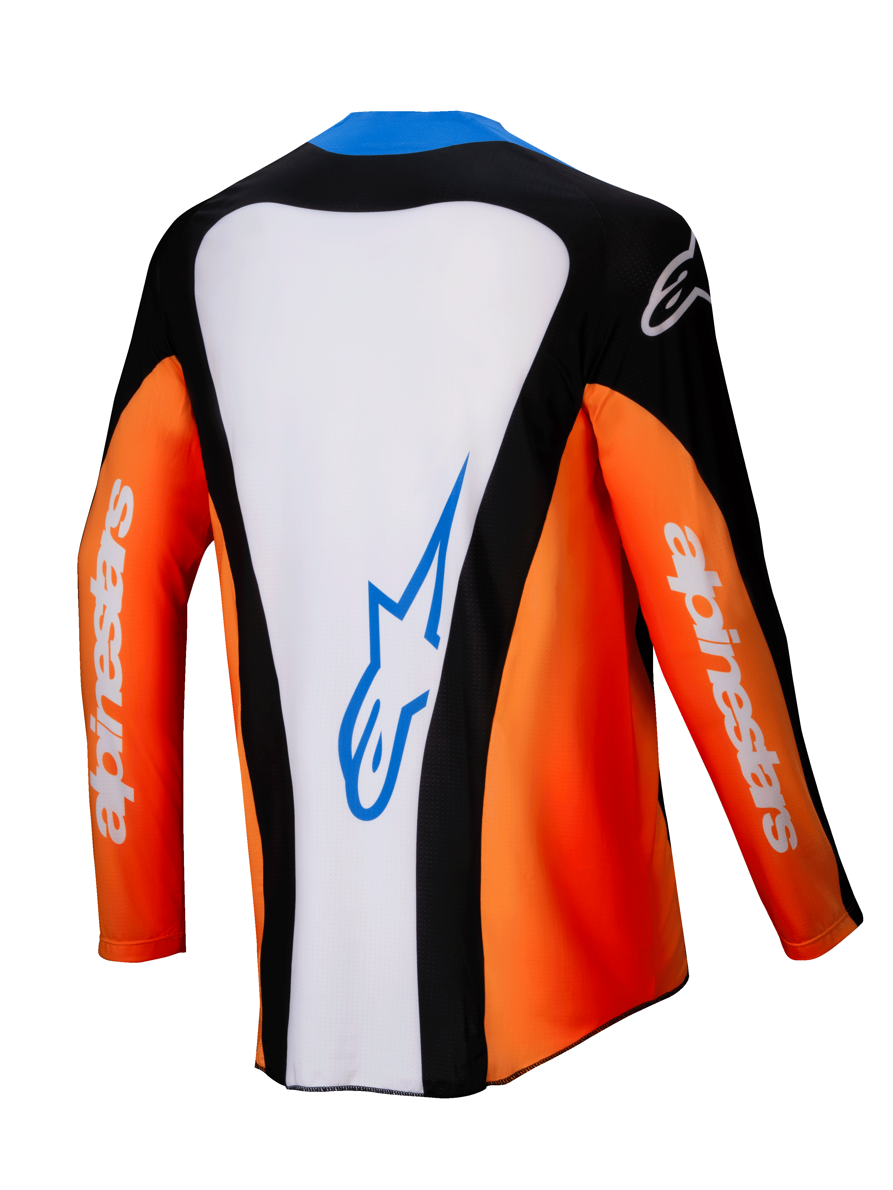 Alpinestars 2025 Techstar Melt Jersey, motorcross shirt, achteraanzicht, oranje, wit en zwart met blauwe accenten, wit centraal paneel met blauw logo, oranje mouwen met witte branding, hoogwaardige off-road race-uitrusting