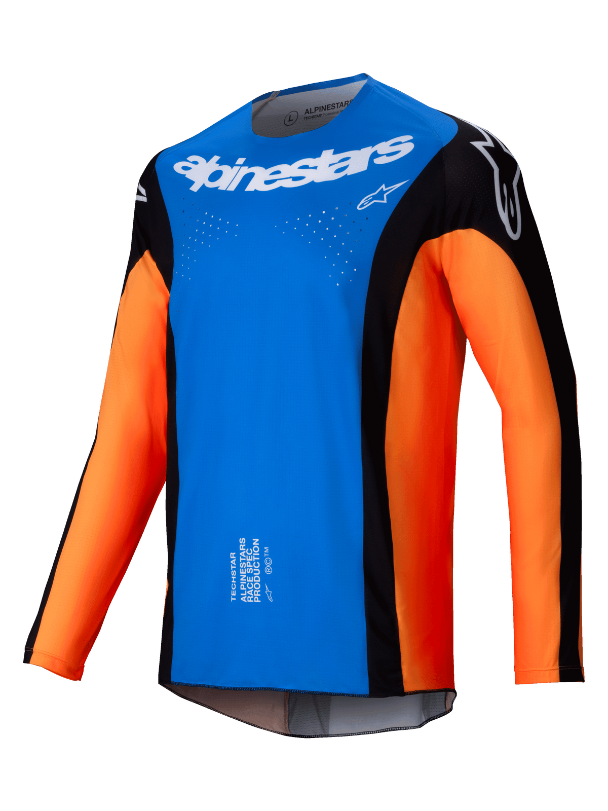 Alpinestars 2025 Techstar Melt Jersey, motorcross jersey, felblauw en oranje met zwarte panelen, wit Alpinestars-logo op de borst, lasergesneden ventilatieopeningen, technisch ontwerp met lange mouwen voor off-road racing