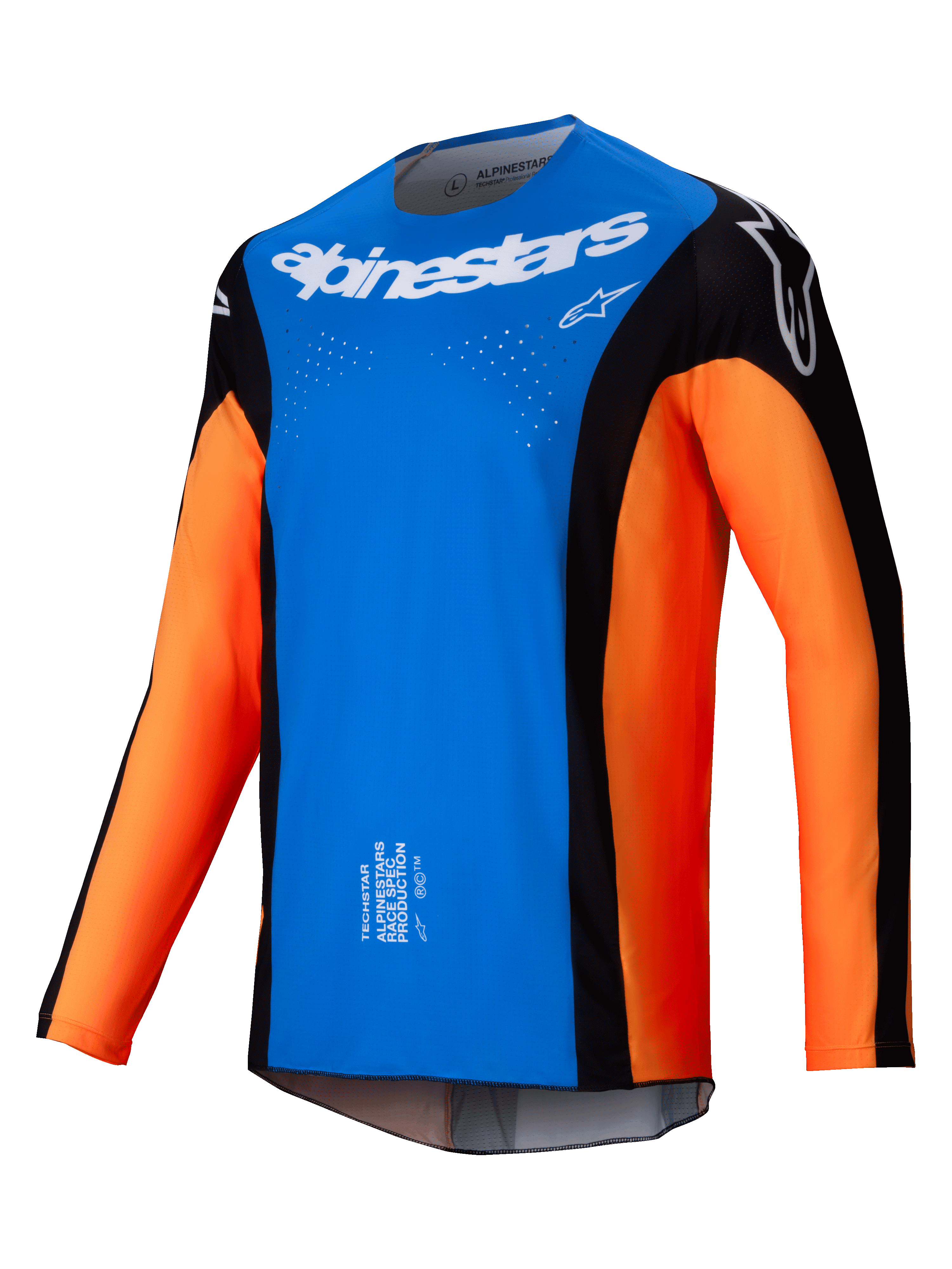 Alpinestars 2025 Techstar Melt Jersey, motorcross jersey, felblauw en oranje met zwarte panelen, wit Alpinestars-logo op de borst, lasergesneden ventilatieopeningen, technisch ontwerp met lange mouwen voor off-road racing