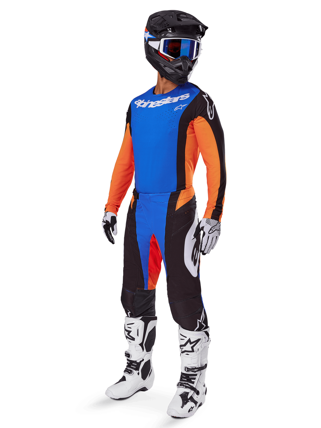 2025 Techstar Melt-uitrustingsset, complete motorcross-outfit, blauwe jersey met oranje mouwen, zwarte broek met blauwe en rode accenten, zwarte helm met witte en blauwe details, witte handschoenen en laarzen met zwarte patronen, beschermende race-uitrusting