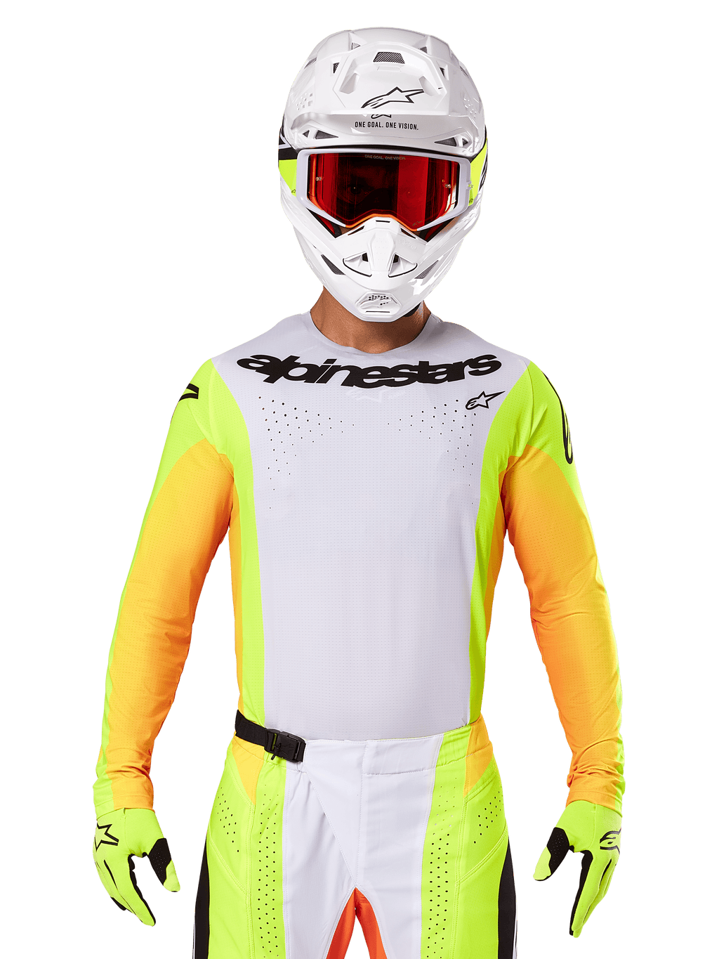 Alpinestars 2025 Techstar Melt Jersey, motorcross racekleding, wit borststuk met neongele en oranje mouwen, rijder draagt witte helm en rode bril, neongele handschoenen met zwarte logo's, levendige kleurstelling voor off-road prestaties