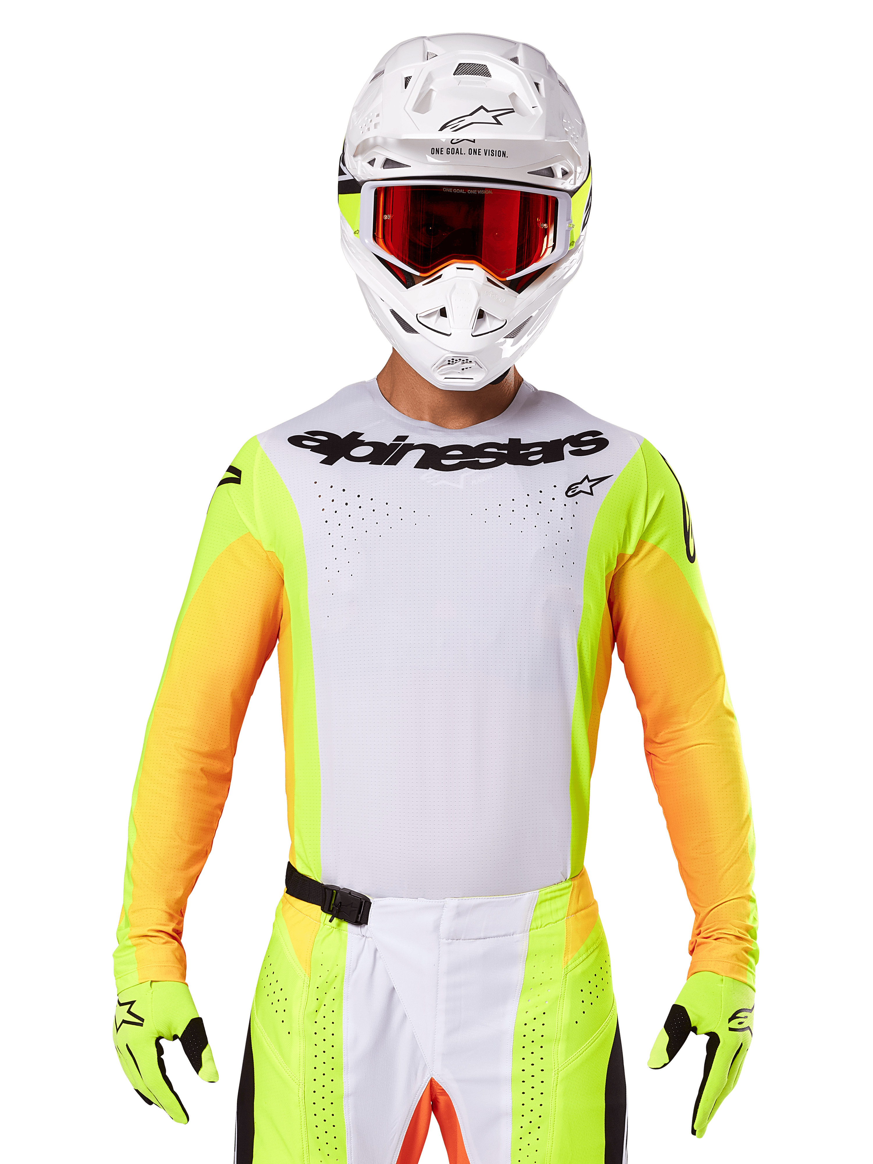 Alpinestars 2025 Techstar Melt Jersey, motorcross racekleding, wit borststuk met neongele en oranje mouwen, rijder draagt witte helm en rode bril, neongele handschoenen met zwarte logo's, levendige kleurstelling voor off-road prestaties
