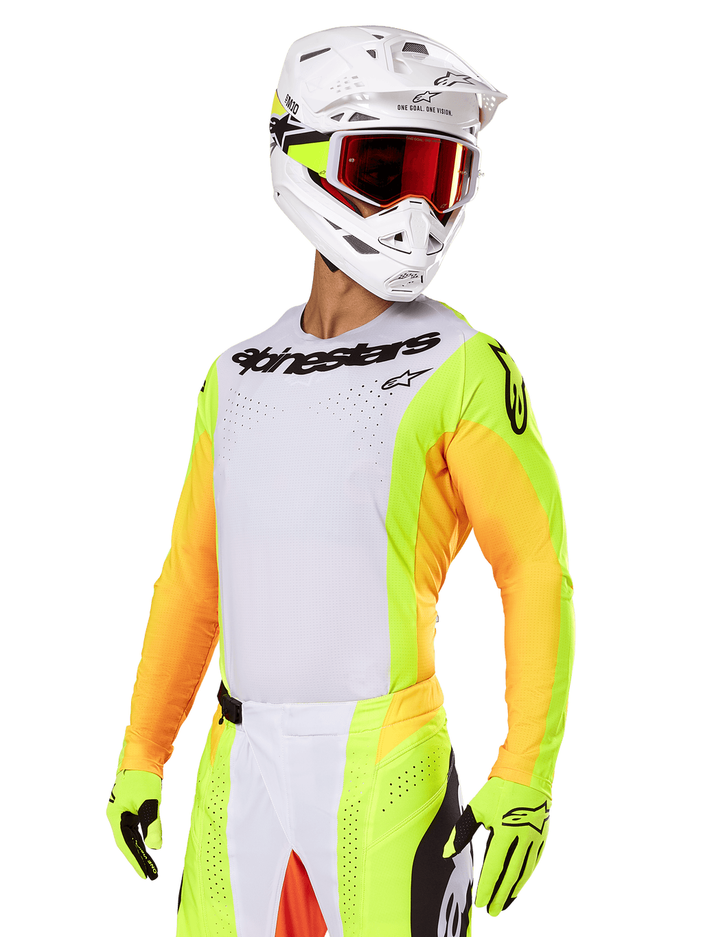 Motorcrosser in Alpinestars 2025 Techstar Melt gearset, wit jersey met felgele en oranje mouwen, zwarte 'Alpinestars' merknaam op de borst, bijpassende neongele handschoenen, witte helm met roodgetinte crossbril, professionele off-road race-uitrusting