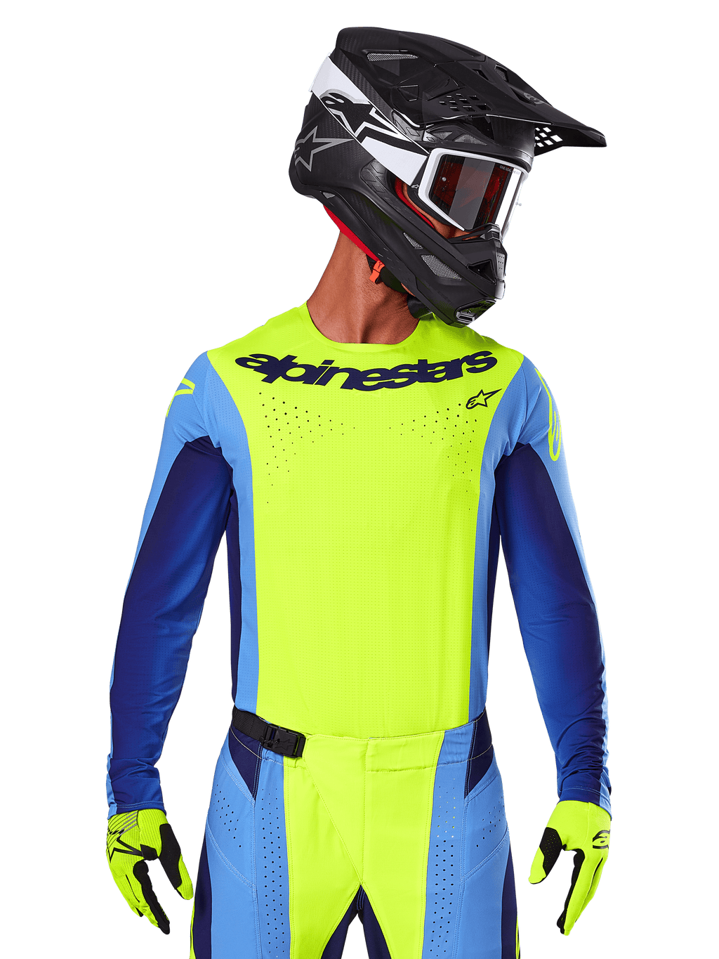 Alpinestars 2025 Techstar Melt Jersey, motorcross racetenue, fluogeel en blauw, voorzien van laser-gesneden ventilatie en een atletische racepasvorm, gedragen door een rijder met een zwarte helm en fluogele handschoenen