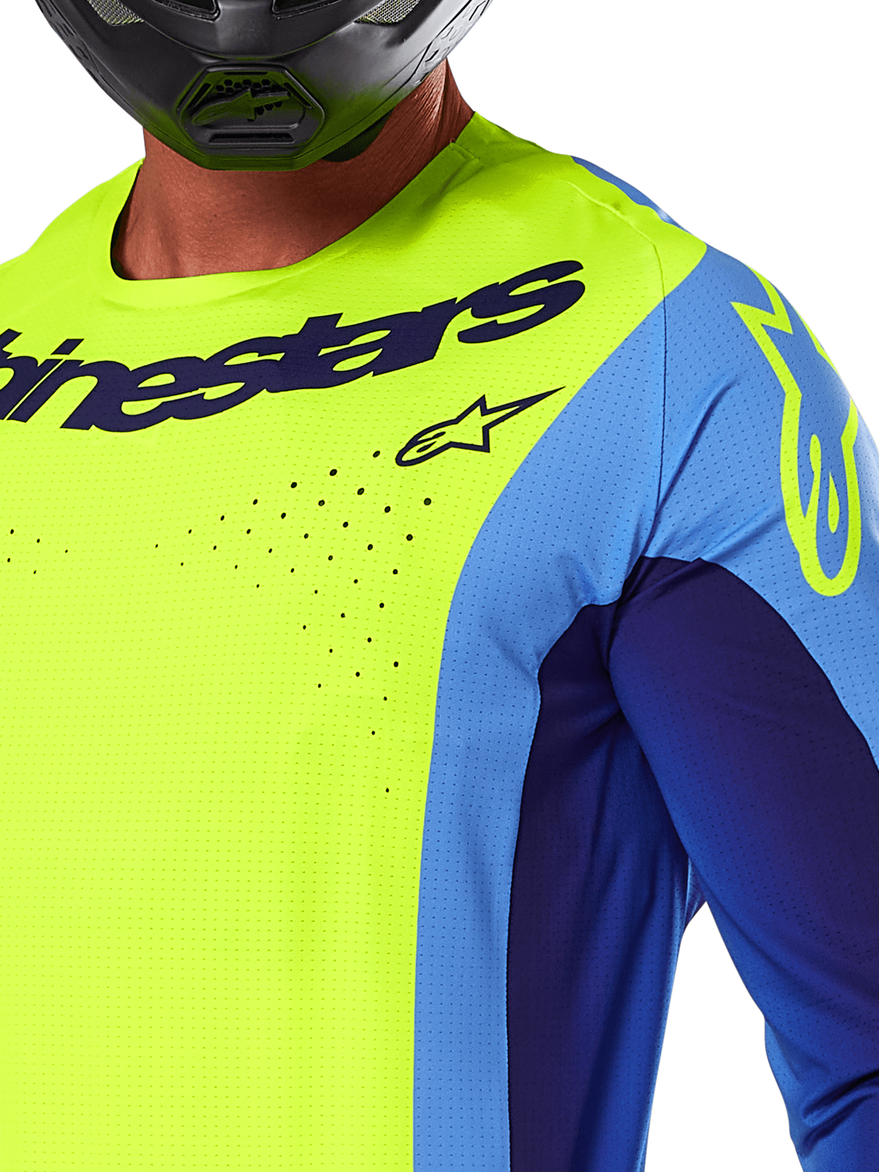 Alpinestars 2025 Techstar Melt Jersey, motorcross shirt, fluogeel en blauw, met lasergesneden perforaties en een opvallend logo op de borst, atletische pasvorm voor off-road rijden, close-up met een zwarte helm