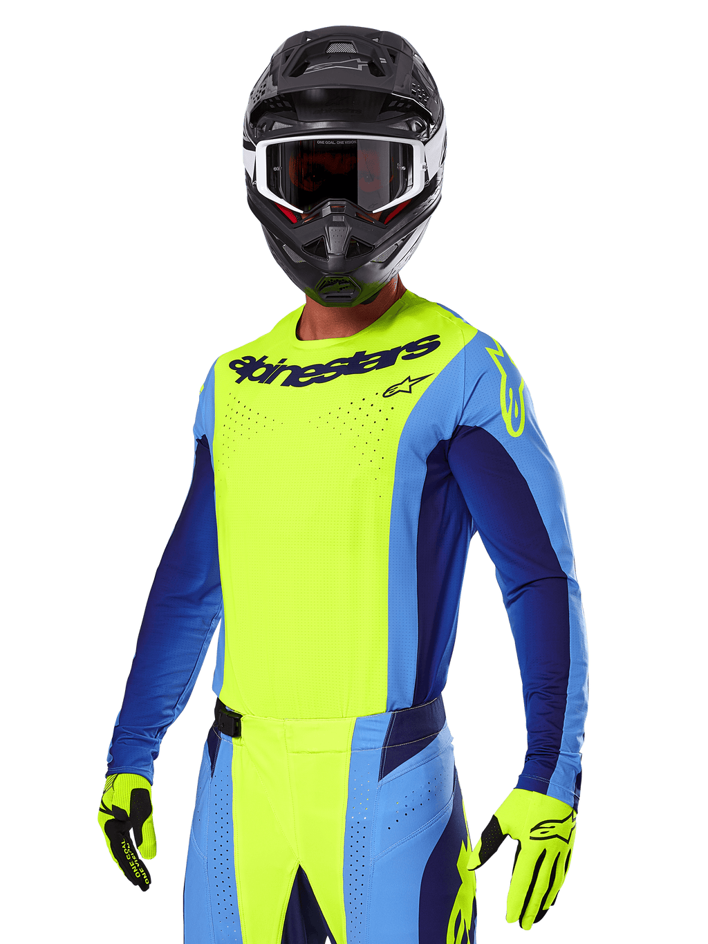 Alpinestars 2025 Techstar Melt Gear Set, motorcrosser in een felgeel en blauw shirt met bijpassende broek, zwarte helm met een wit-zwarte crossbril, gele handschoenen, gecoördineerde off-road race-outfit met opvallende Alpinestars-branding en geperforeerde details