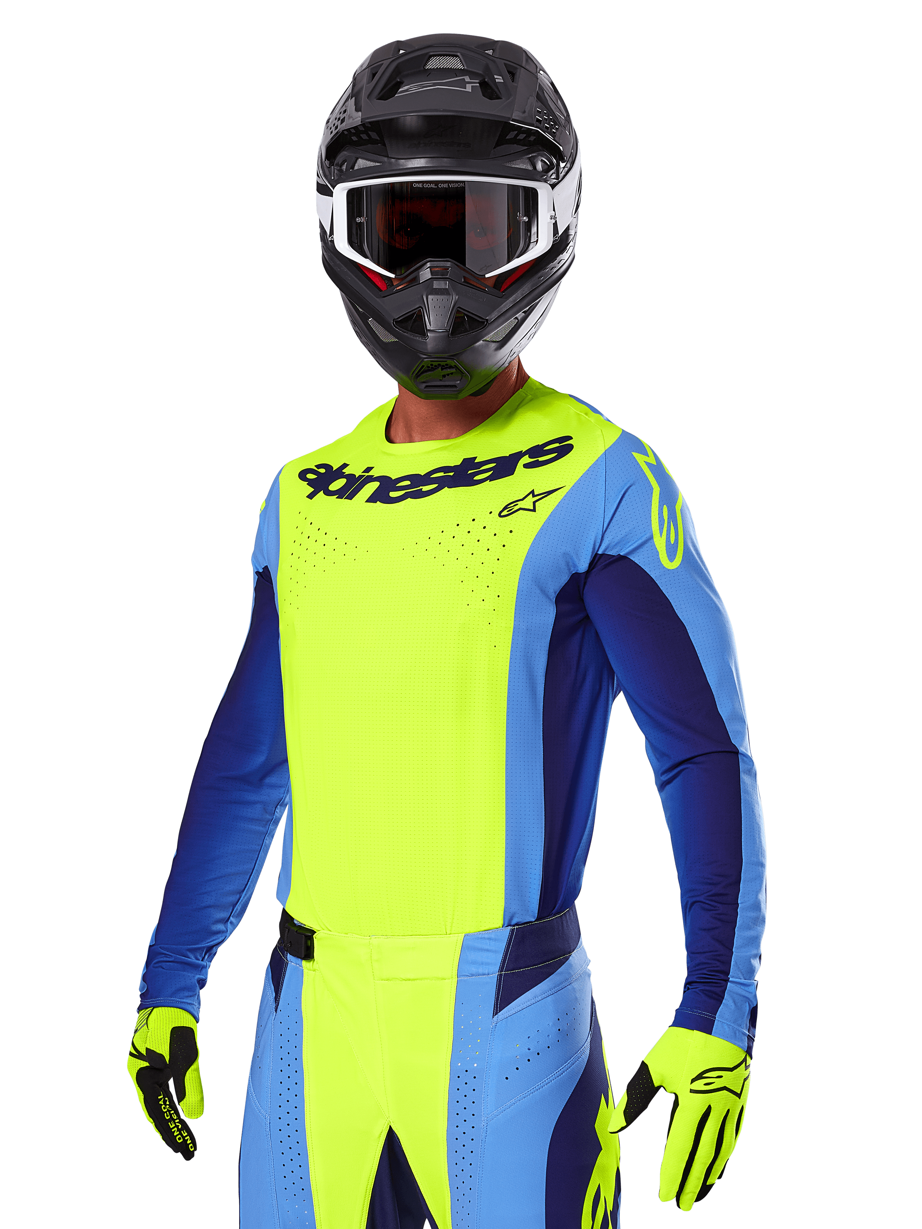 Alpinestars 2025 Techstar Melt Gear Set, motorcrosser in een felgeel en blauw shirt met bijpassende broek, zwarte helm met een wit-zwarte crossbril, gele handschoenen, gecoördineerde off-road race-outfit met opvallende Alpinestars-branding en geperforeerde details