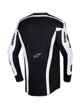 Alpinestars 2026 Racer Riway Jersey, motocross shirt, wit en zwart, achteraanzicht met zwart ontwerp, witte verticale strepen en mouwpanelen, Astars-logo midden op de rug, 'astars'-tekst op de mouwen, verlengde achterzijde voor extra bedekking tijdens het off-road rijden