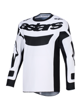 Alpinestars 2026 Racer Riway Jersey, motorcross jersey, wit en zwart, met opvallende zwarte 'astars' branding op de borst, vochtafvoerend polyfabric en ergonomische racepasvorm voor off-road rijden
