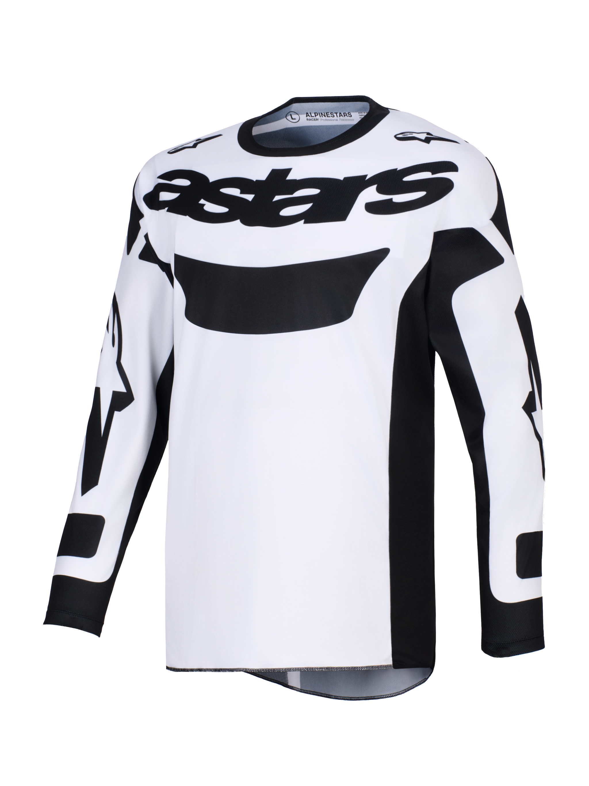Alpinestars 2026 Racer Riway Jersey, motorcross jersey, wit en zwart, met opvallende zwarte 'astars' branding op de borst, vochtafvoerend polyfabric en ergonomische racepasvorm voor off-road rijden