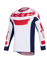 Alpinestars 2026 Racer Riway Jersey, motocross shirt, wit, blauw en rood, rood astars-logo op de borst, marineblauwe zijpanelen, lange mouwen met rode graphics, performance off-road rijkleding