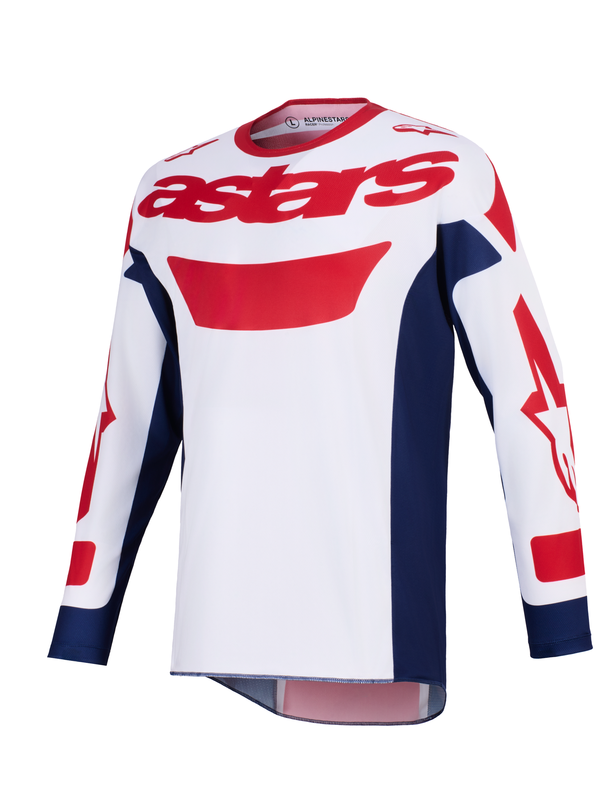 Alpinestars 2026 Racer Riway Jersey, motocross shirt, wit, blauw en rood, rood astars-logo op de borst, marineblauwe zijpanelen, lange mouwen met rode graphics, performance off-road rijkleding