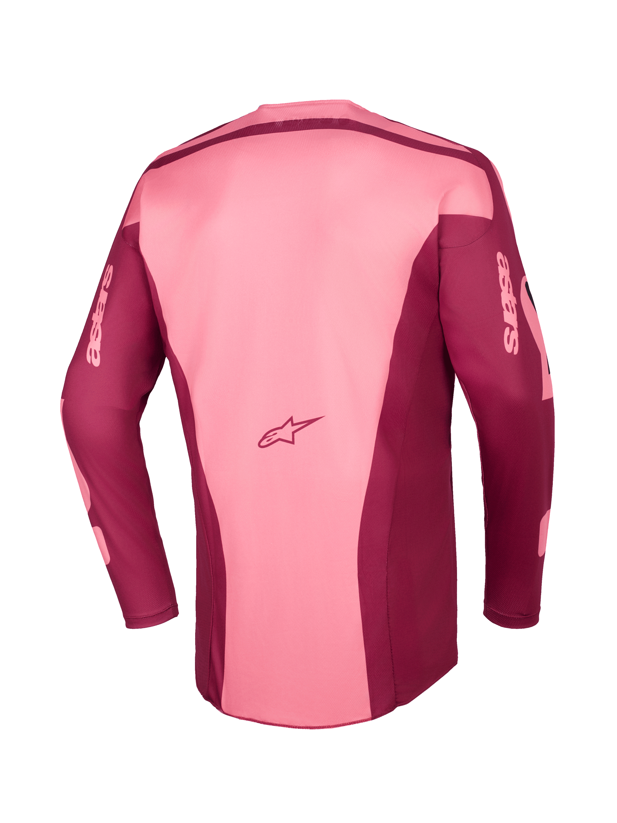 Alpinestars 2026 Racer Riway Jersey, motocross shirt, Dark Red Coral, achteraanzicht met multi-panel constructie, Astars-logo op de onderrug en astars-branding op de lange mouwen, performance off-road kleding