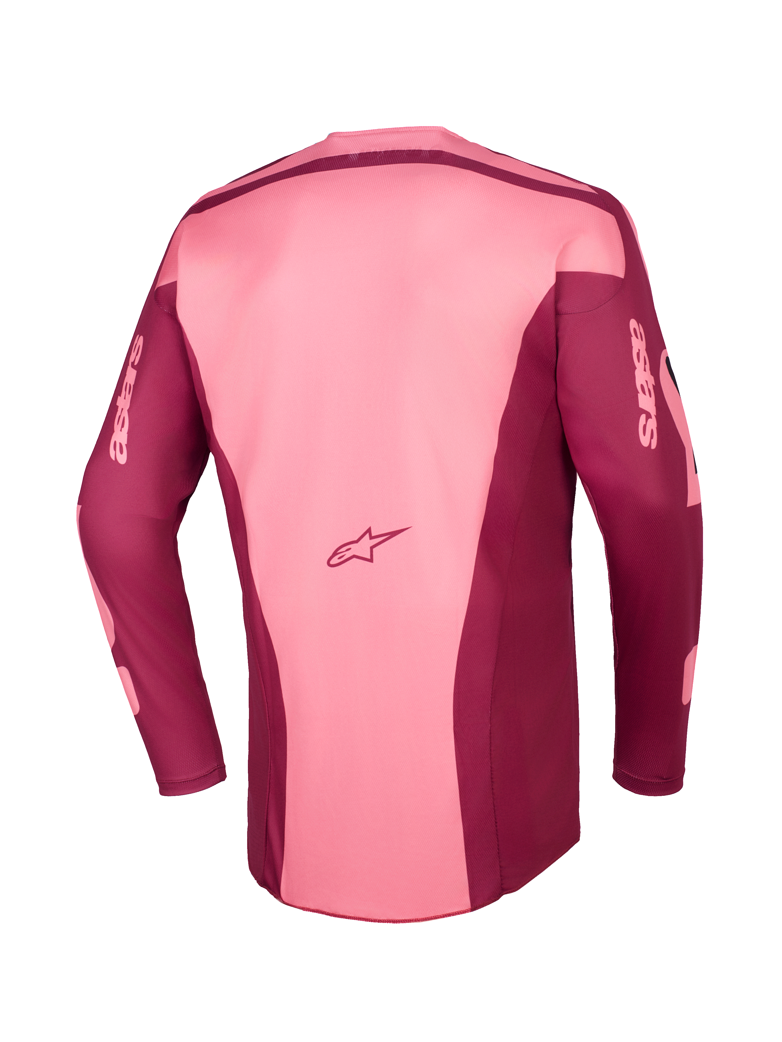 Alpinestars 2026 Racer Riway Jersey, motocross shirt, Dark Red Coral, achteraanzicht met multi-panel constructie, Astars-logo op de onderrug en astars-branding op de lange mouwen, performance off-road kleding