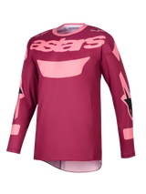 Alpinestars 2026 Racer Riway Jersey, motorcross shirt, Dark Red Coral, met lichtroze 'astars' tekst op de borst en grafische accenten op de mouwen, technische rijkleding met lange mouwen voor off-road prestaties