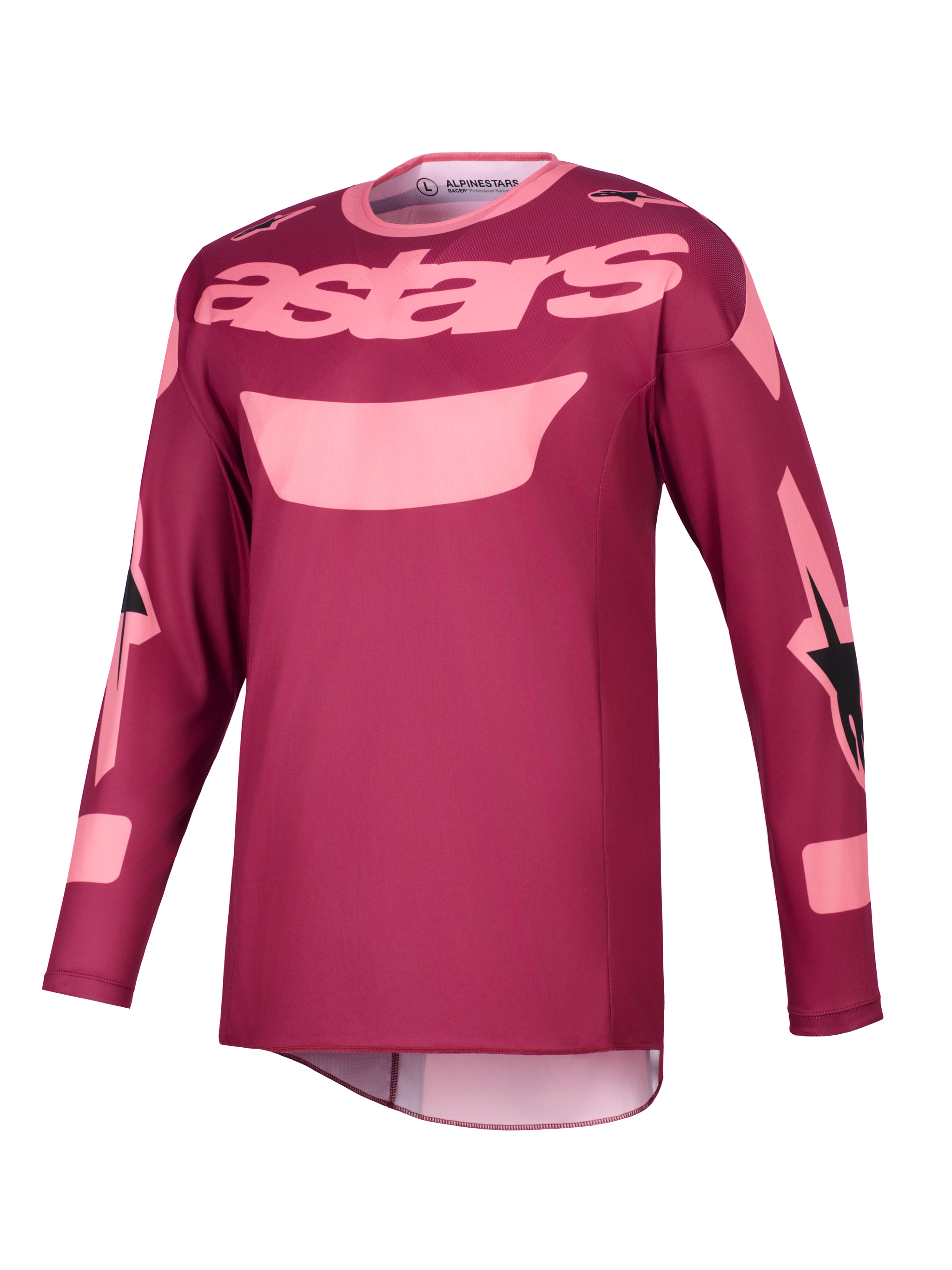 Alpinestars 2026 Racer Riway Jersey, motorcross shirt, Dark Red Coral, met lichtroze 'astars' tekst op de borst en grafische accenten op de mouwen, technische rijkleding met lange mouwen voor off-road prestaties