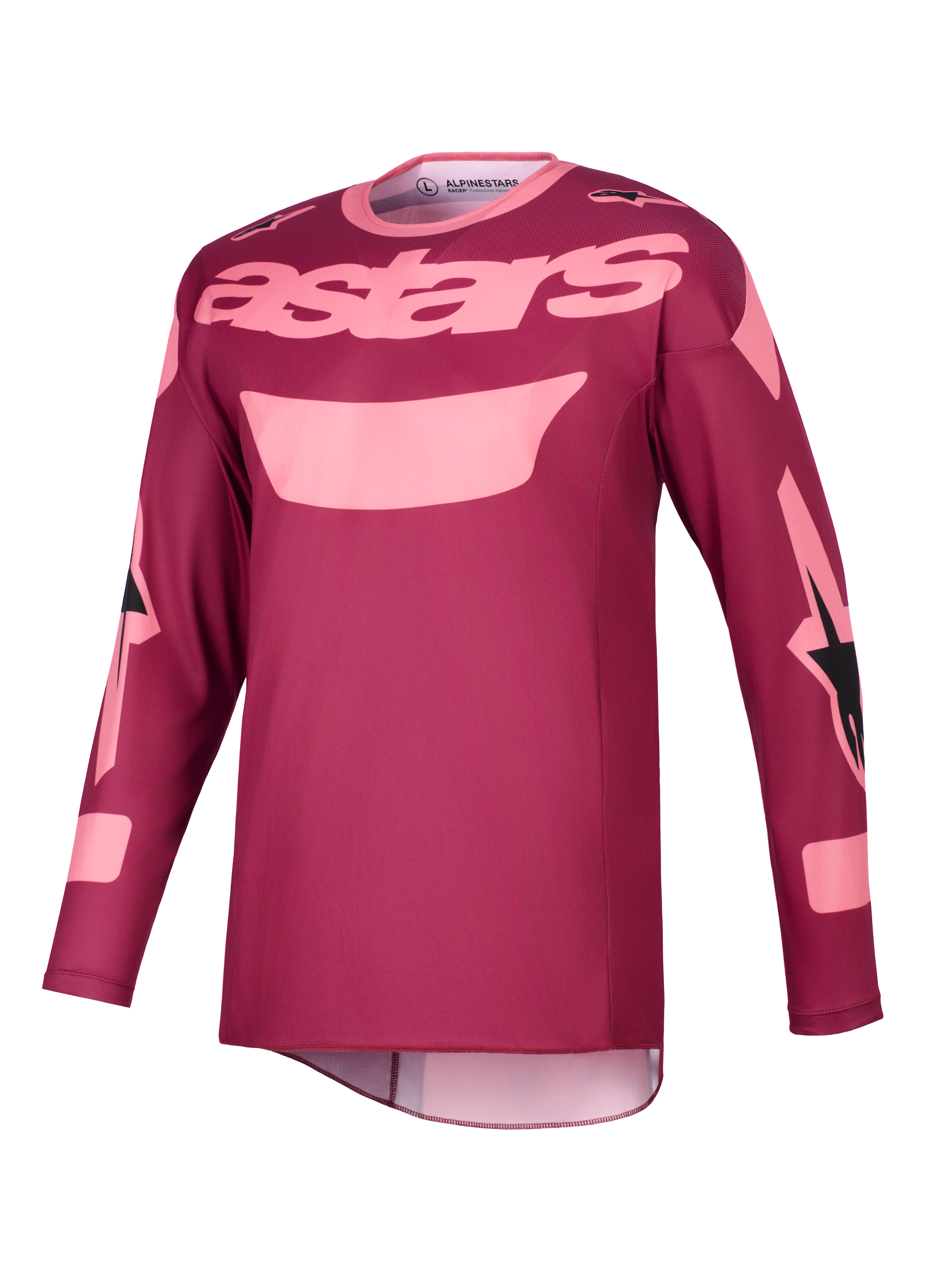 Alpinestars 2026 Racer Riway Jersey, motorcross shirt, Dark Red Coral, met lichtroze 'astars' tekst op de borst en grafische accenten op de mouwen, technische rijkleding met lange mouwen voor off-road prestaties