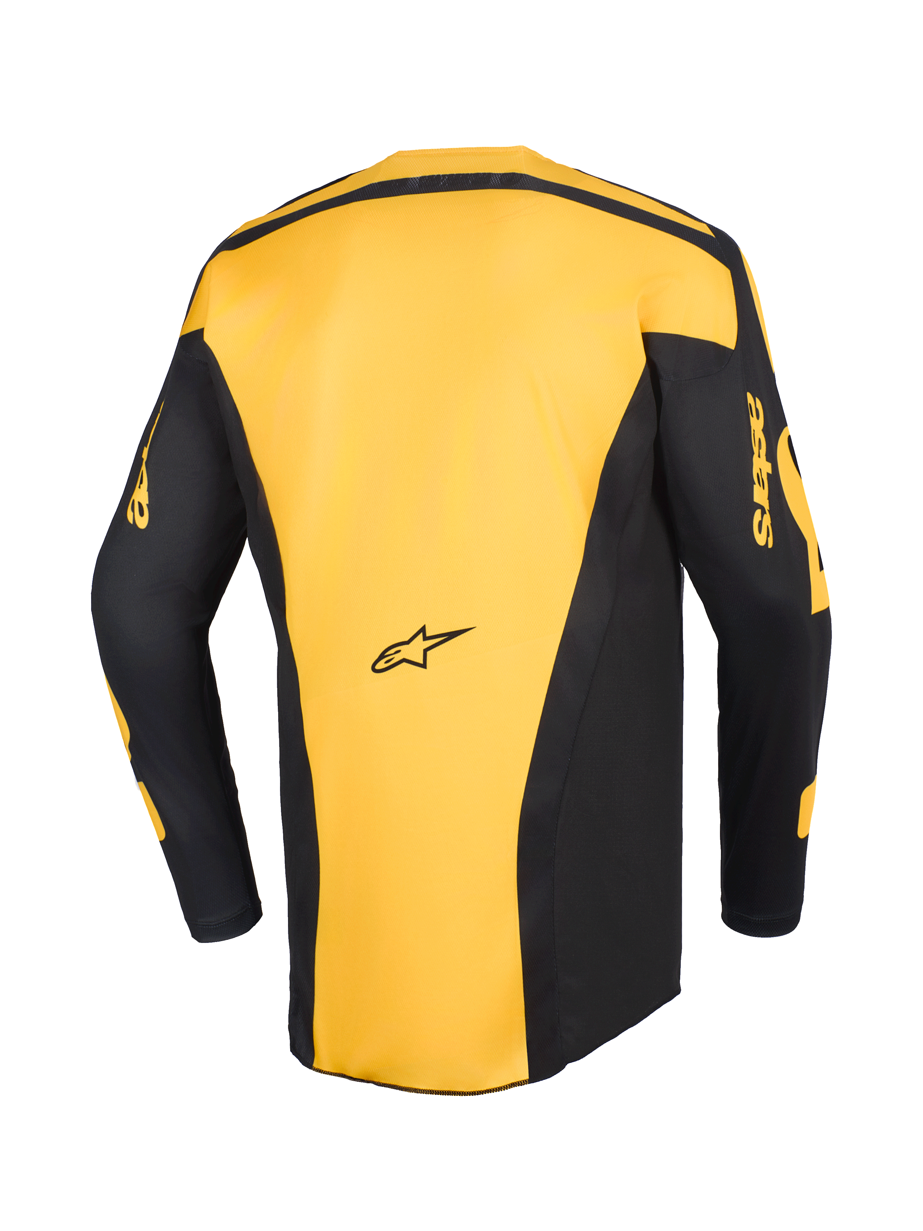 Alpinestars 2026 Racer Riway Jersey, motocross jersey, geel en zwart, achteraanzicht met geel middenpaneel en zwarte mouwen met gele 'astars' branding, ergonomisch ontwerp voor off-road racen