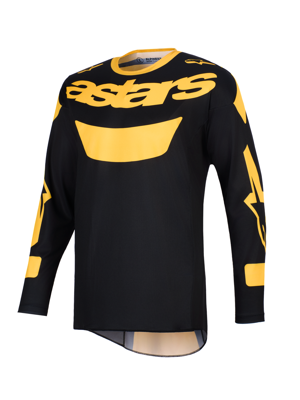 Alpinestars 2026 Racer Riway Jersey, motorcross shirt, geel en zwart, opvallend geel 'astars' logo op de borst, lange mouwen met grafische accenten, lichtgewicht polyfabric constructie voor off-road rijden.