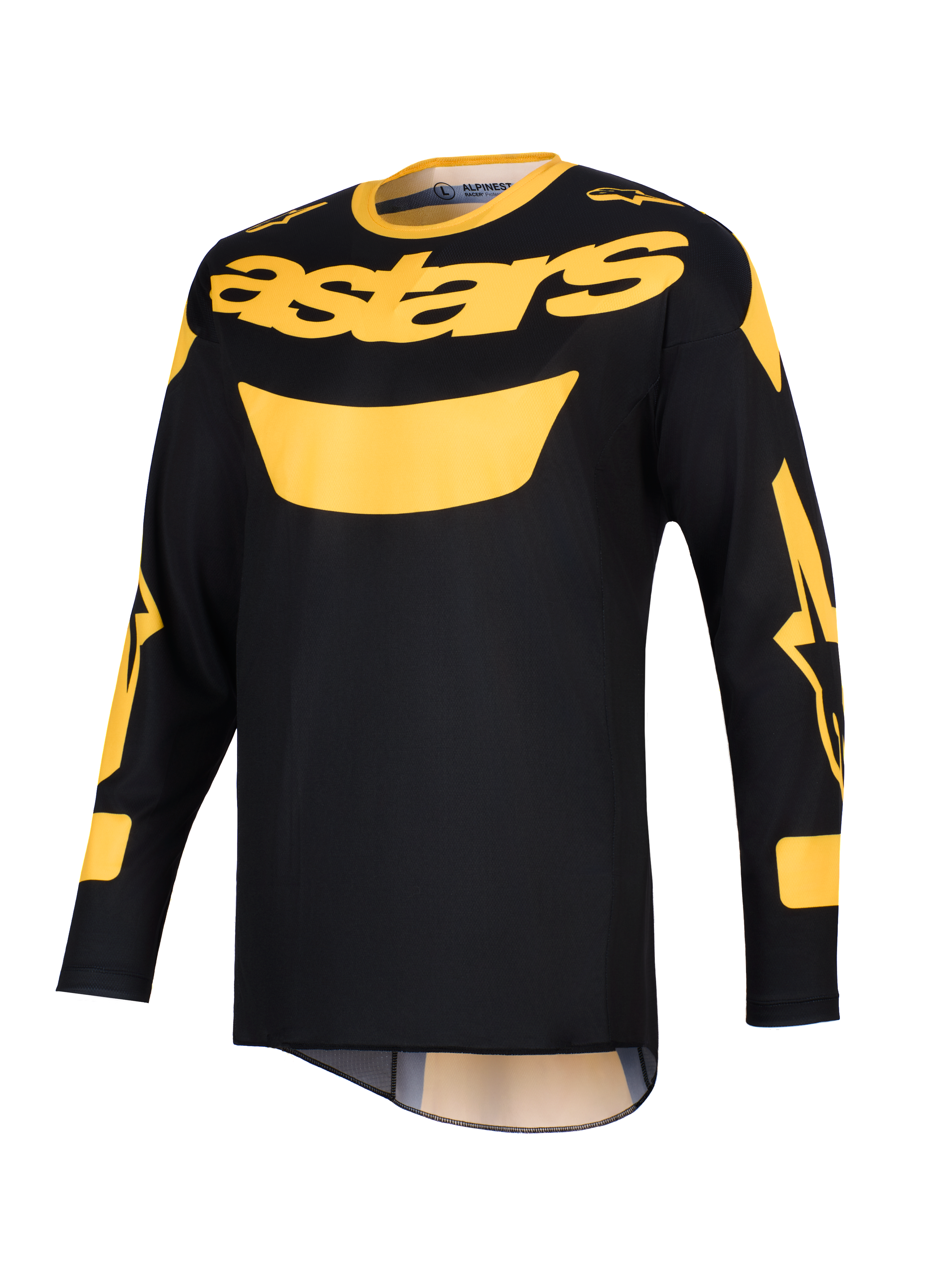 Alpinestars 2026 Racer Riway Jersey, motorcross shirt, geel en zwart, opvallend geel 'astars' logo op de borst, lange mouwen met grafische accenten, lichtgewicht polyfabric constructie voor off-road rijden.