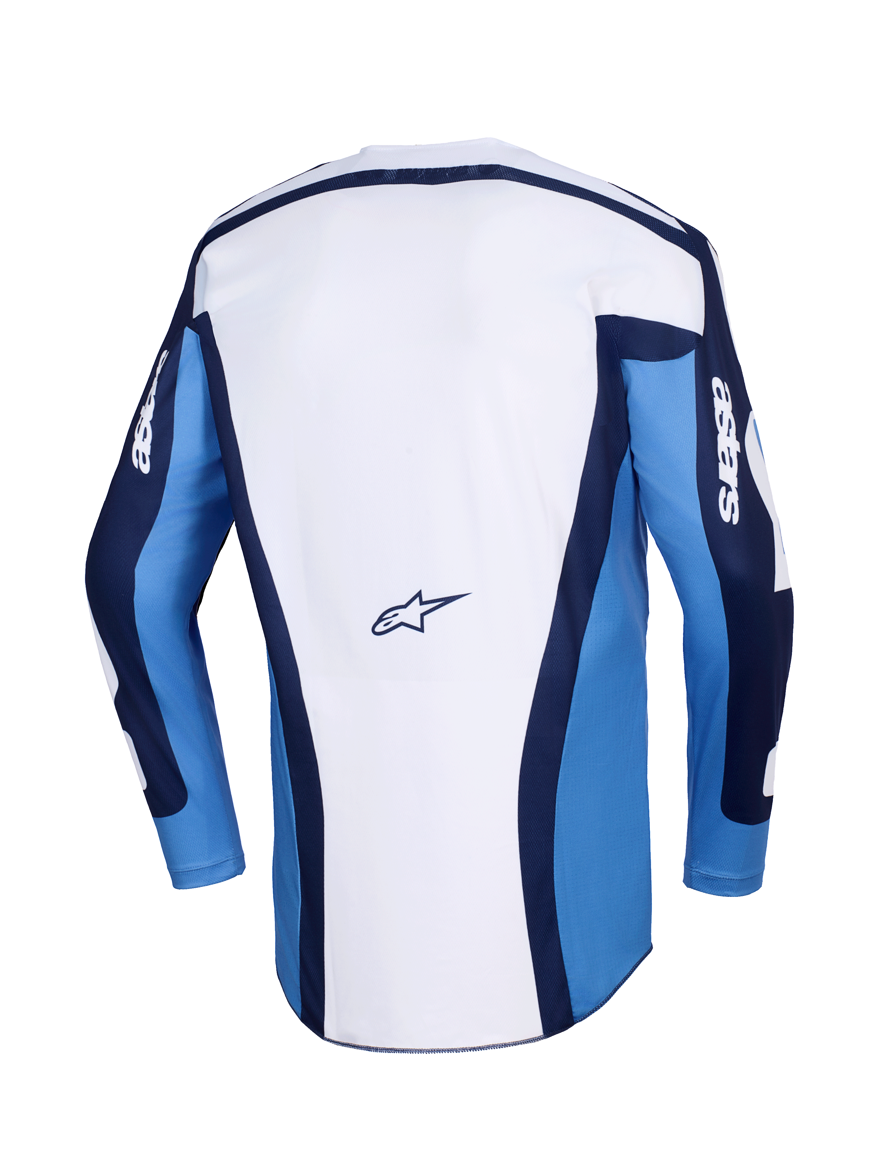Alpinestars 2026 Racer Riway Jersey, motorcross shirt, UCLA Blue and White, achteraanzicht met een wit hoofdpaneel, blauwe mouwen en donkerblauwe accenten, klein Alpinestars-logo op de onderrug, atletische pasvorm voor off-road racen