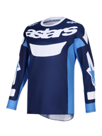 Alpinestars 2026 Racer Riway Jersey, motorcross jersey, Ucla Blue en wit, met opvallend wit 'astars'-logo op de borst, ontwerp met lange mouwen en logo's op de mouwen, lichtgewicht polyfabric en vochtafvoerende constructie voor off-road rijden