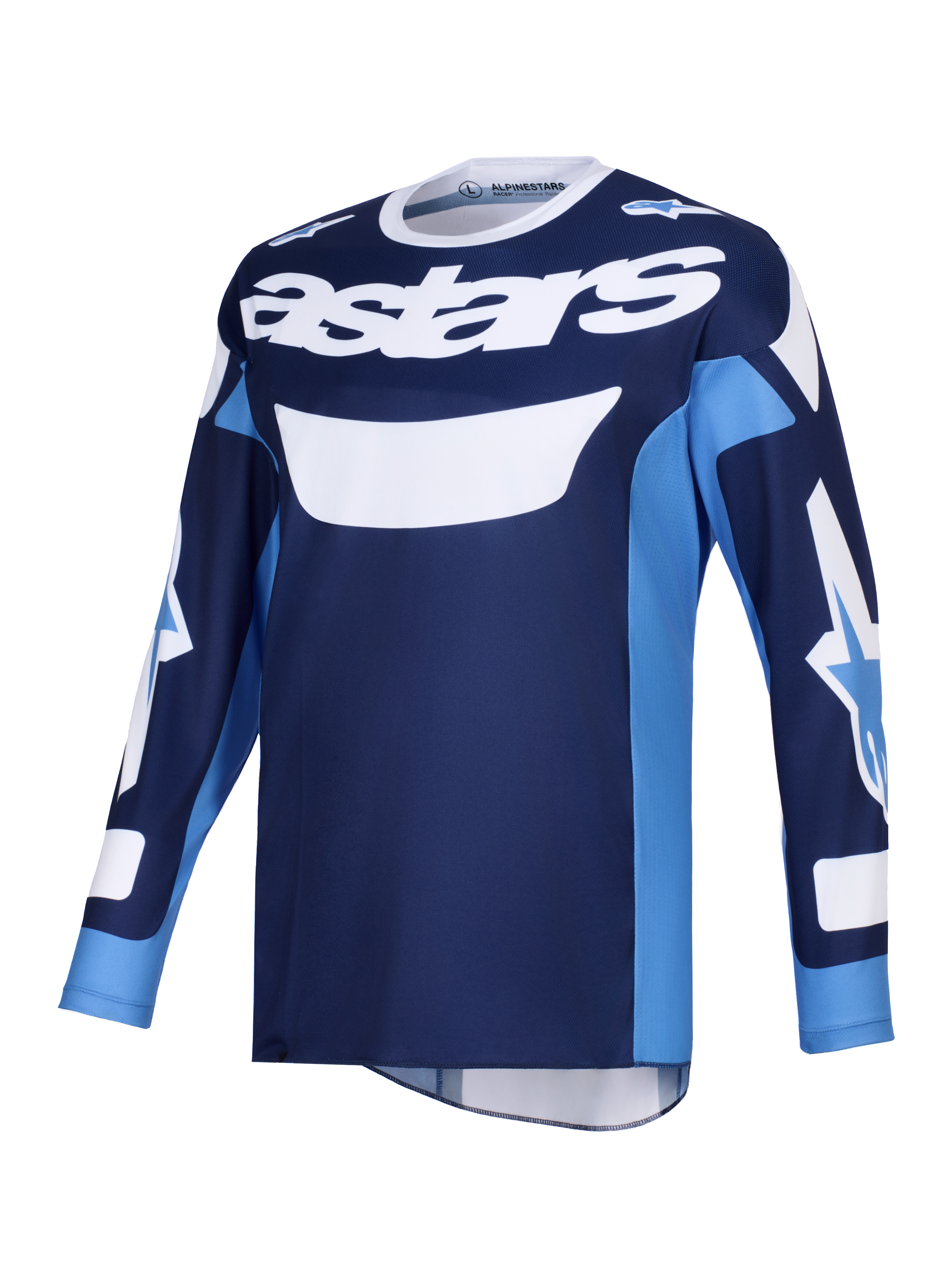 Alpinestars 2026 Racer Riway Jersey, motorcross jersey, Ucla Blue en wit, met opvallend wit 'astars'-logo op de borst, ontwerp met lange mouwen en logo's op de mouwen, lichtgewicht polyfabric en vochtafvoerende constructie voor off-road rijden
