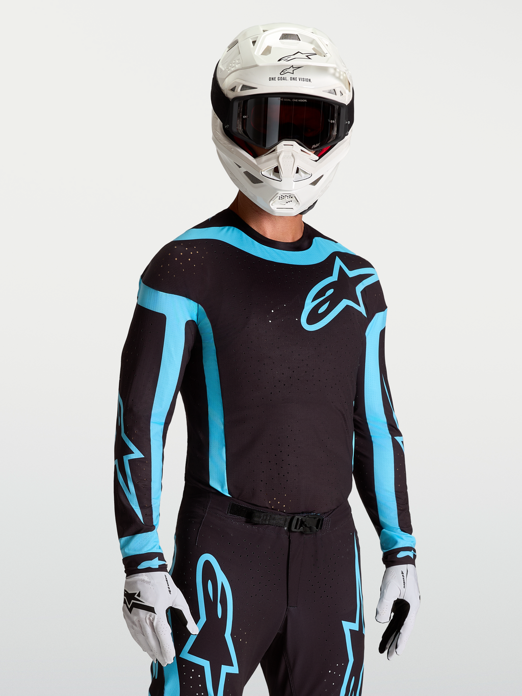 Alpinestars 2027 Supertech Vesta Jersey, Men's Motocross Racing Jersey in Black and Turquoise with ventilated mesh.