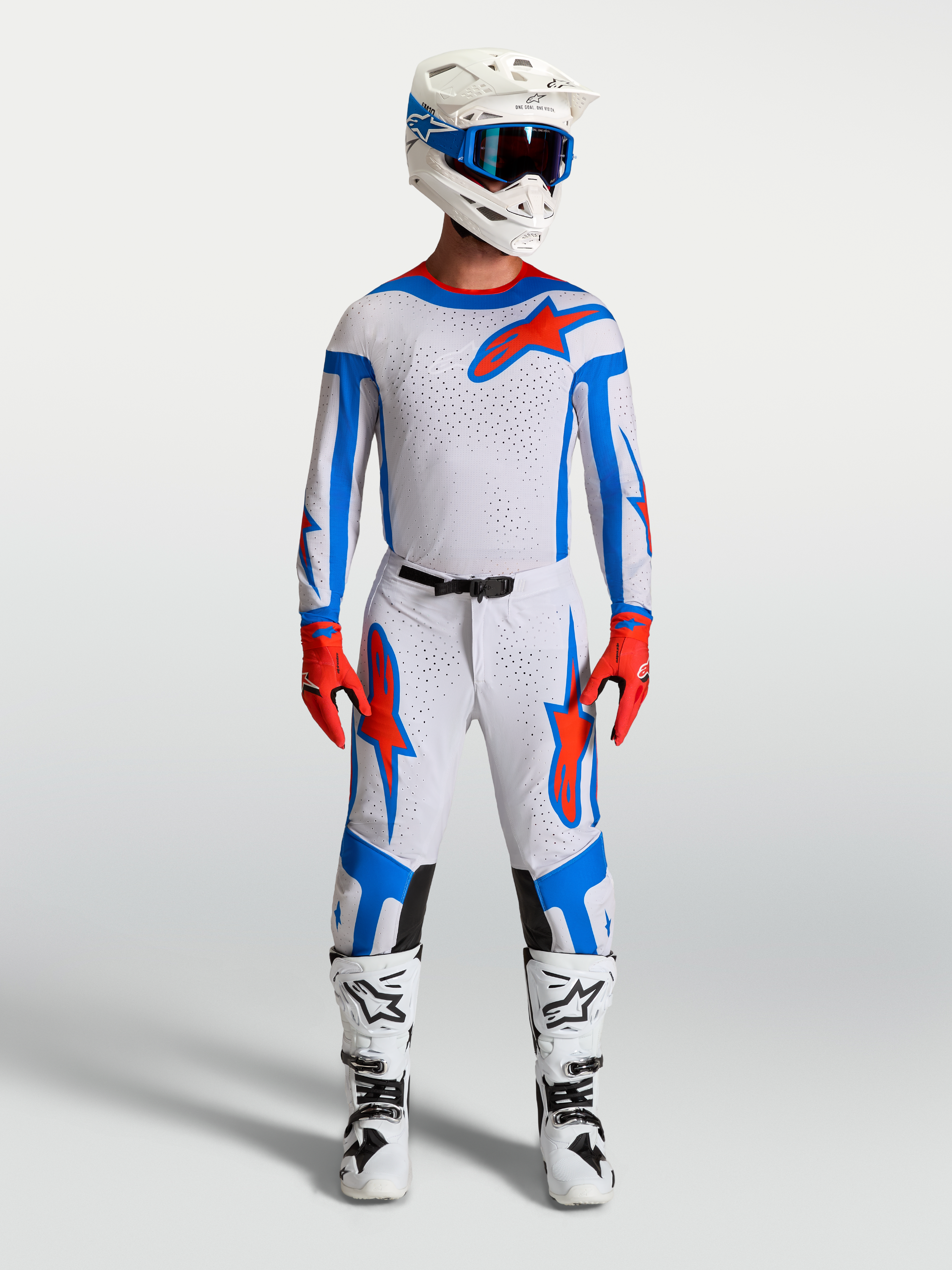 Alpinestars Supertech Vesta Jersey and Gear Set, men's motocross racing outfit in light lilac and cardinal red.